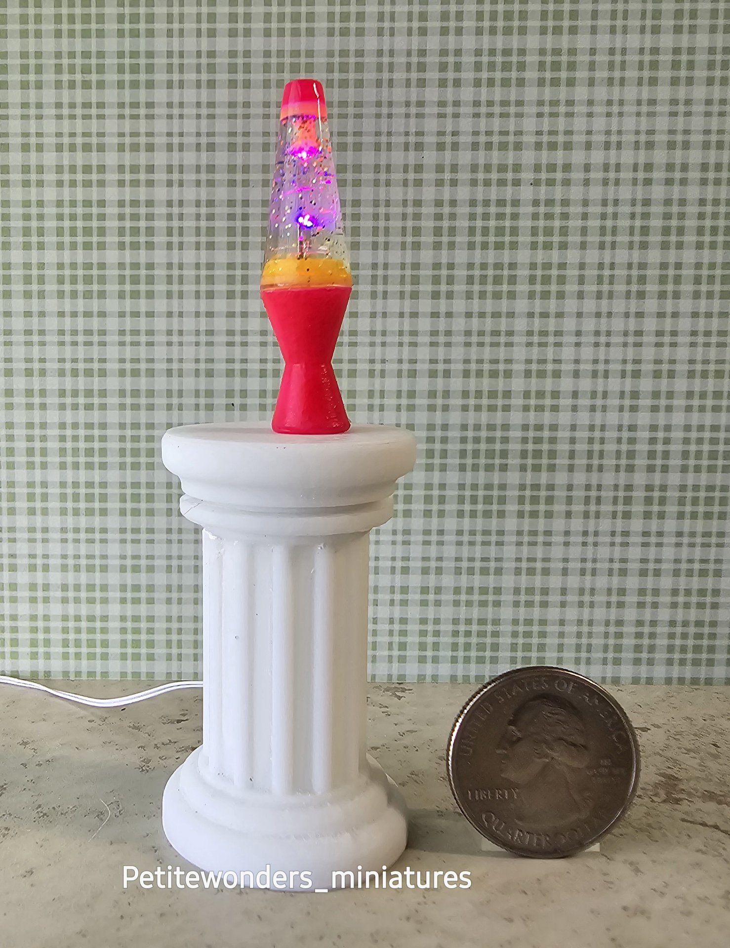 1:12 Dollhouse miniature retro lava lamp Battery operated LED table lamp MCM style with external wires REF Color changing LED Neon pink base