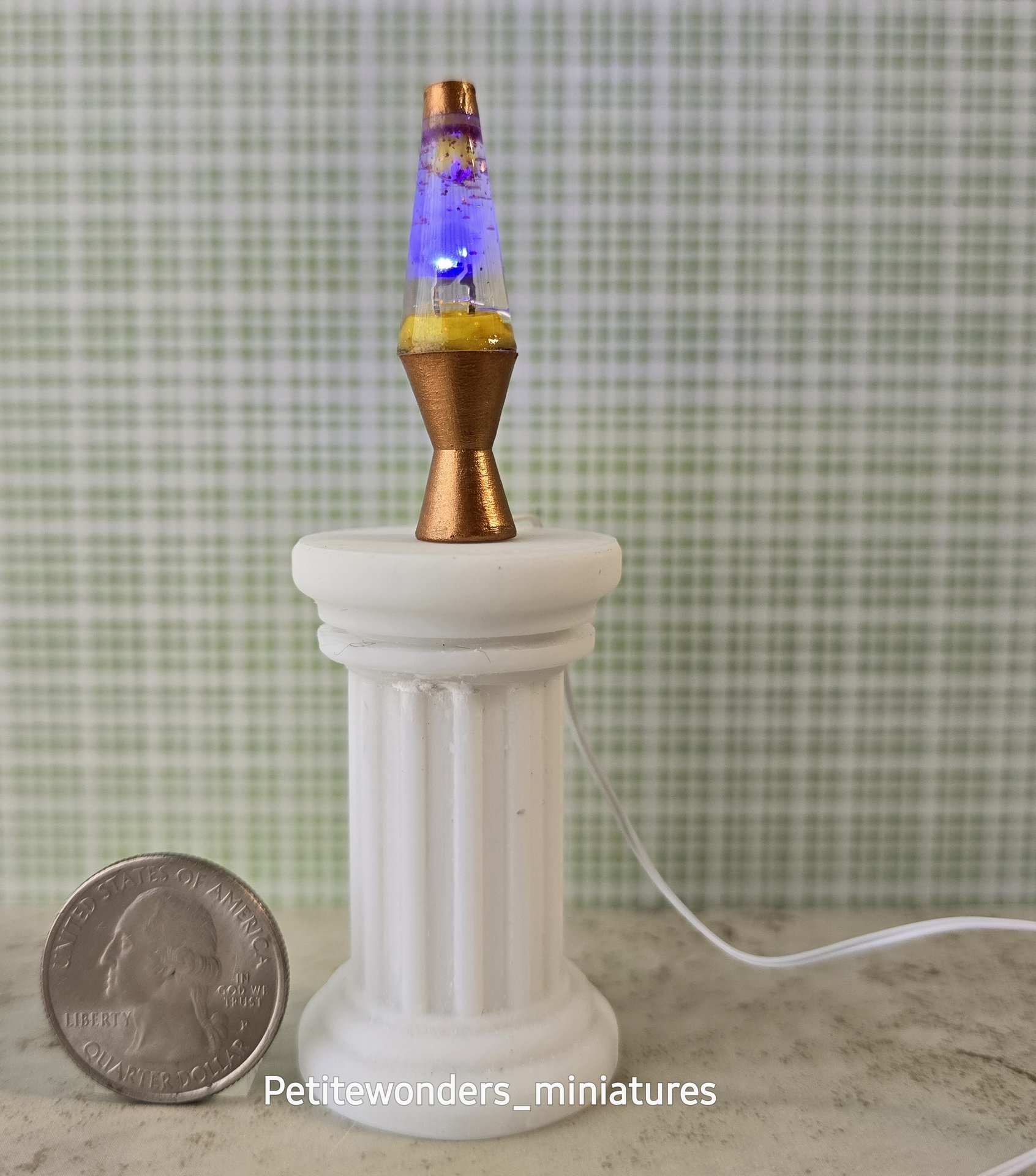1:12 Dollhouse miniature retro lava lamp Battery operated LED table lamp MCM style with external wires REF Color changing LED copper finish base
