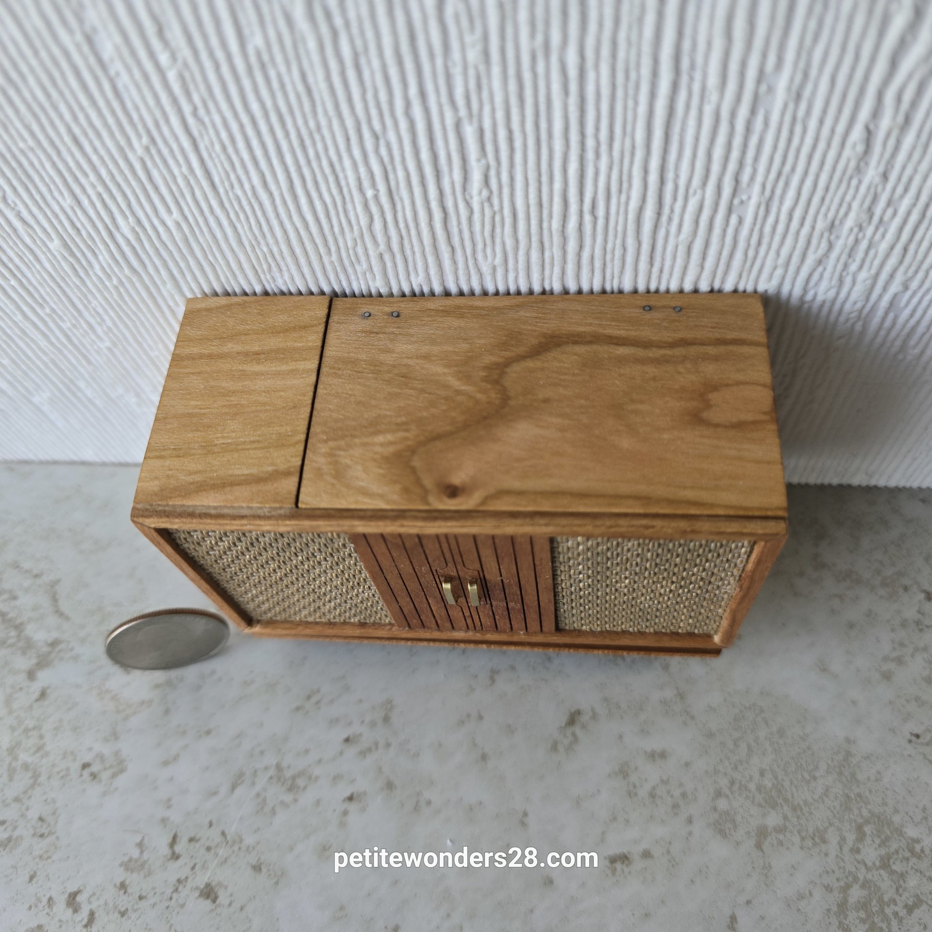 RESERVED for Deanna 1:12 Dollhouse furniture mid-century styled stereo console in solid cherry with hinged top 