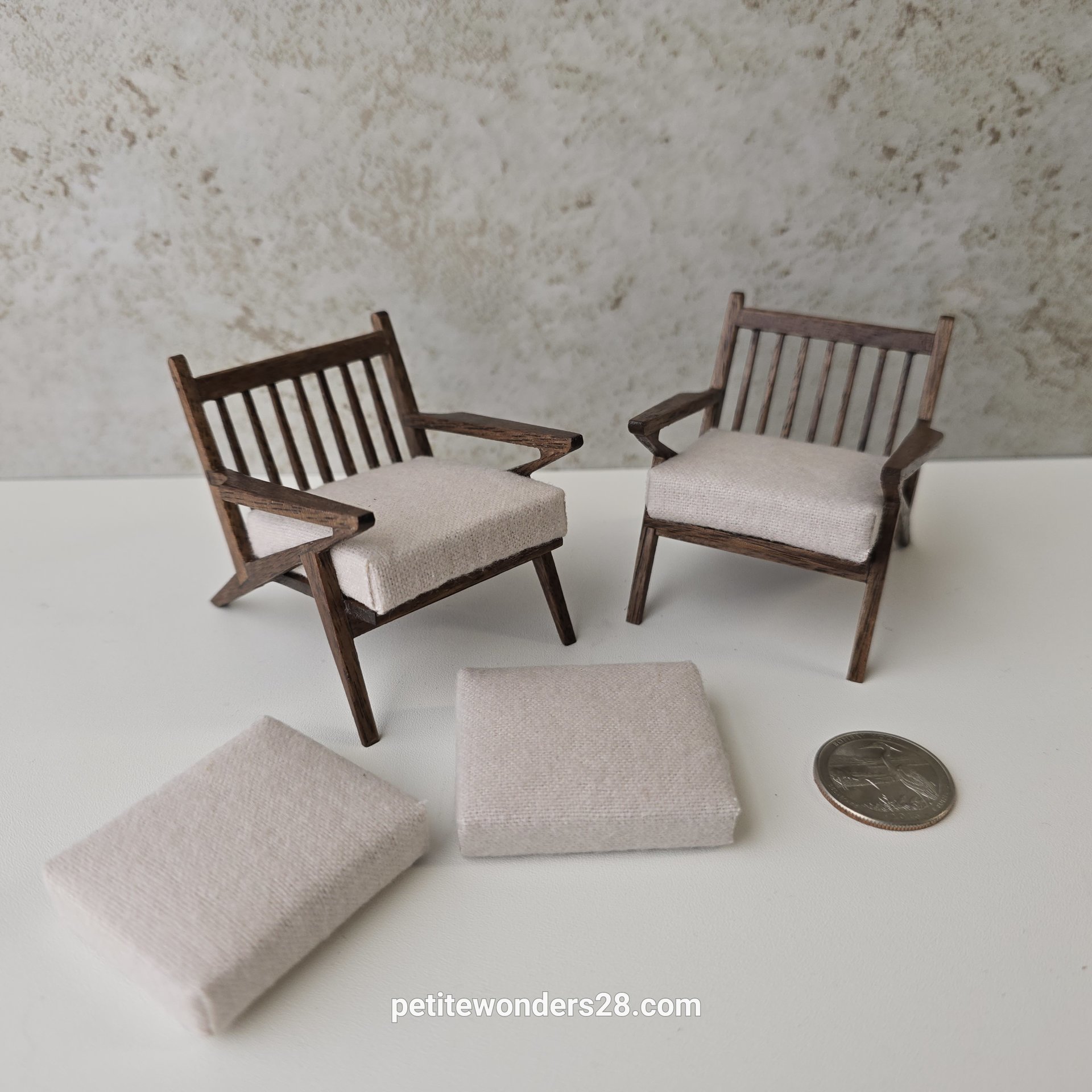 Made-to-order 1:12 Dollhouse mid-century style lounge chair in walnut MCM Z-chair with off-white cushions PRICE is for One chair