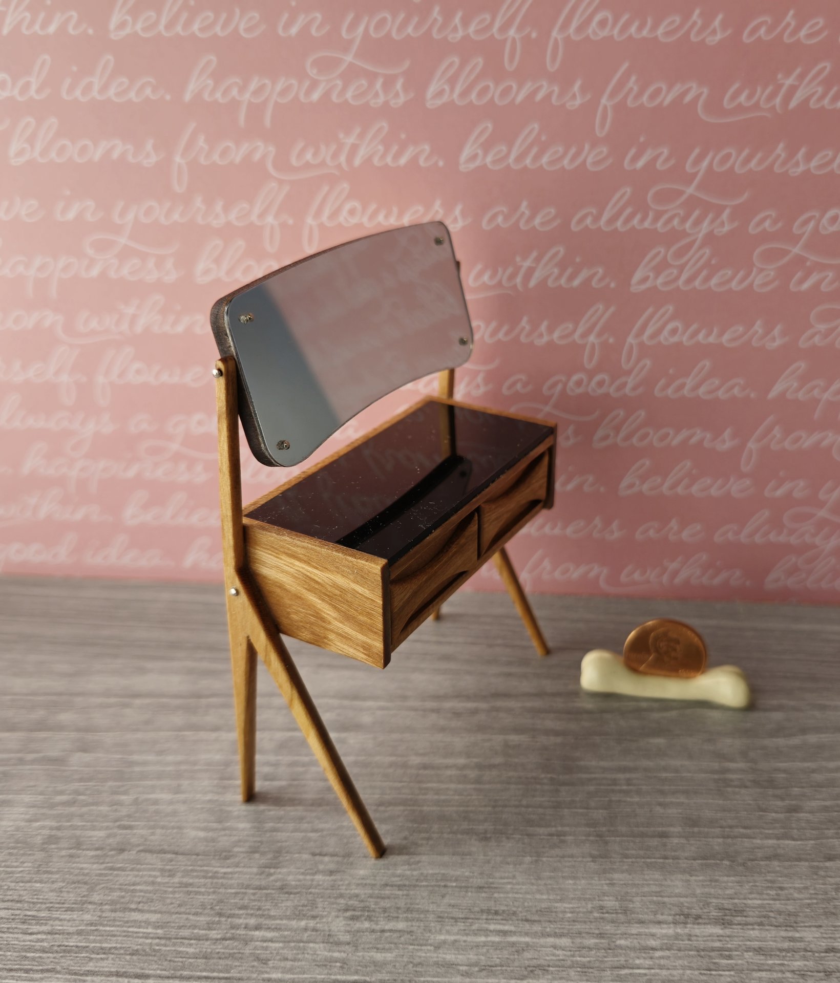 1:12 Dollhouse mid-century style vanity or dressing table in solid cherry wood with swing acrylic mirror and working drawers