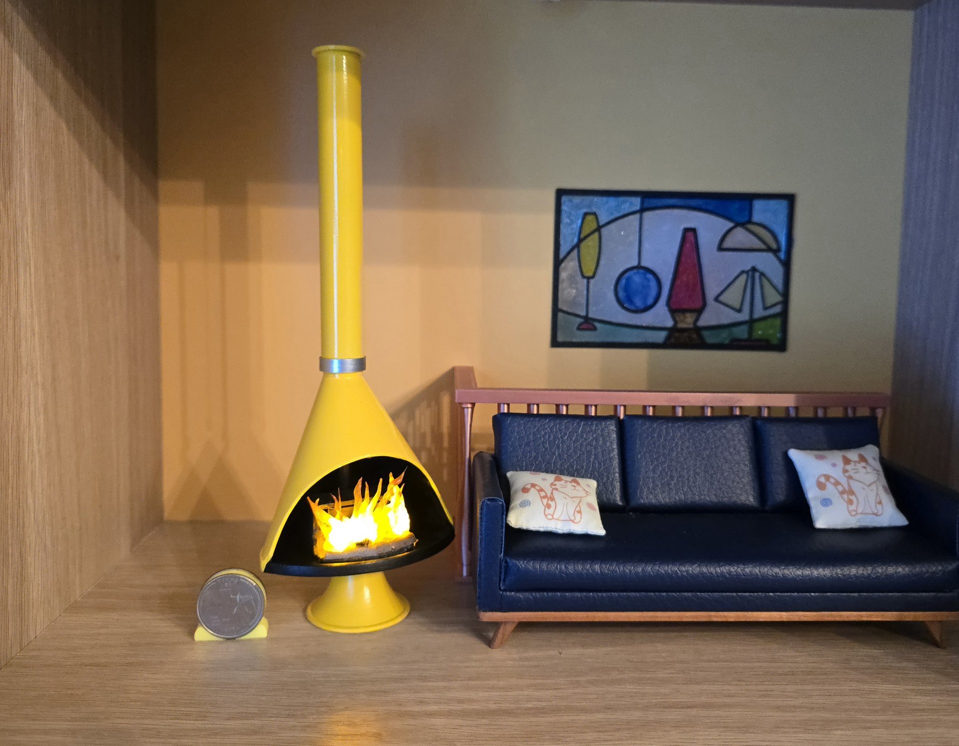 1:12 Dollhouse miniature Mid century modern free standing fireplace MCM yellow fireplace inspired by Malm fireplace Retro fireplace REF Yellow