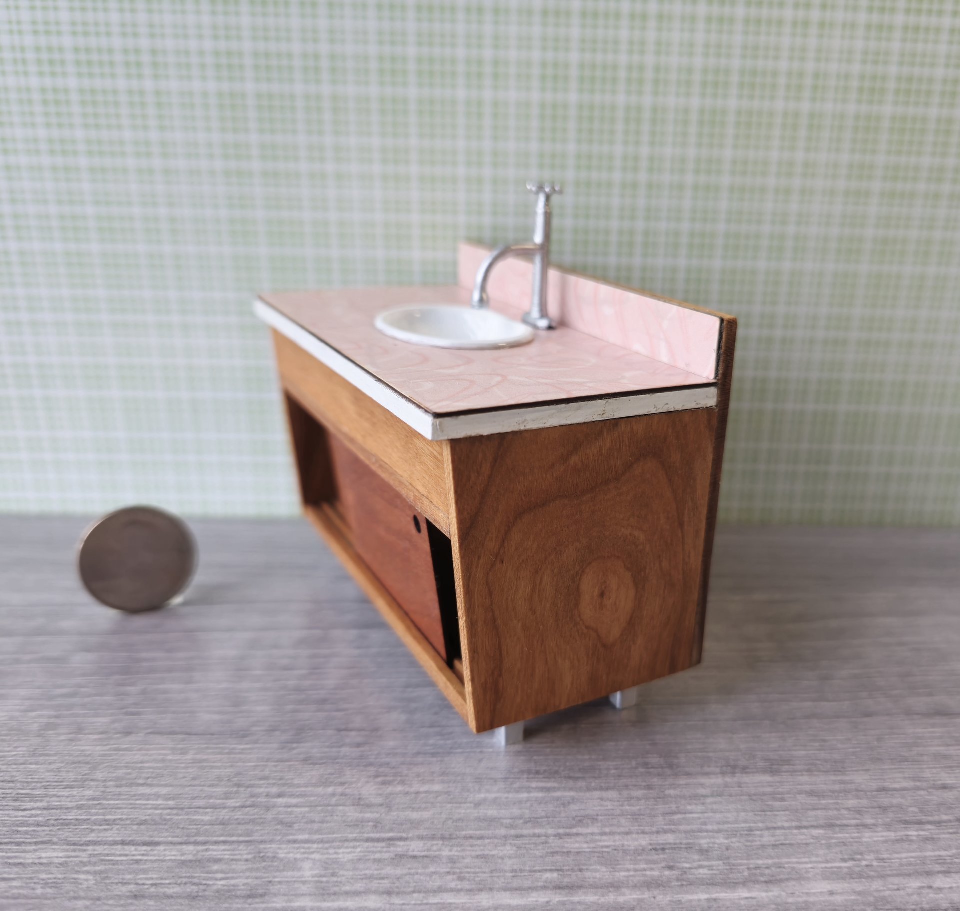 1:12 Dollhouse mid-century style bath single sink vanity cabinet undermount sink with backsplash and sliding doors REF Cherry + pink
