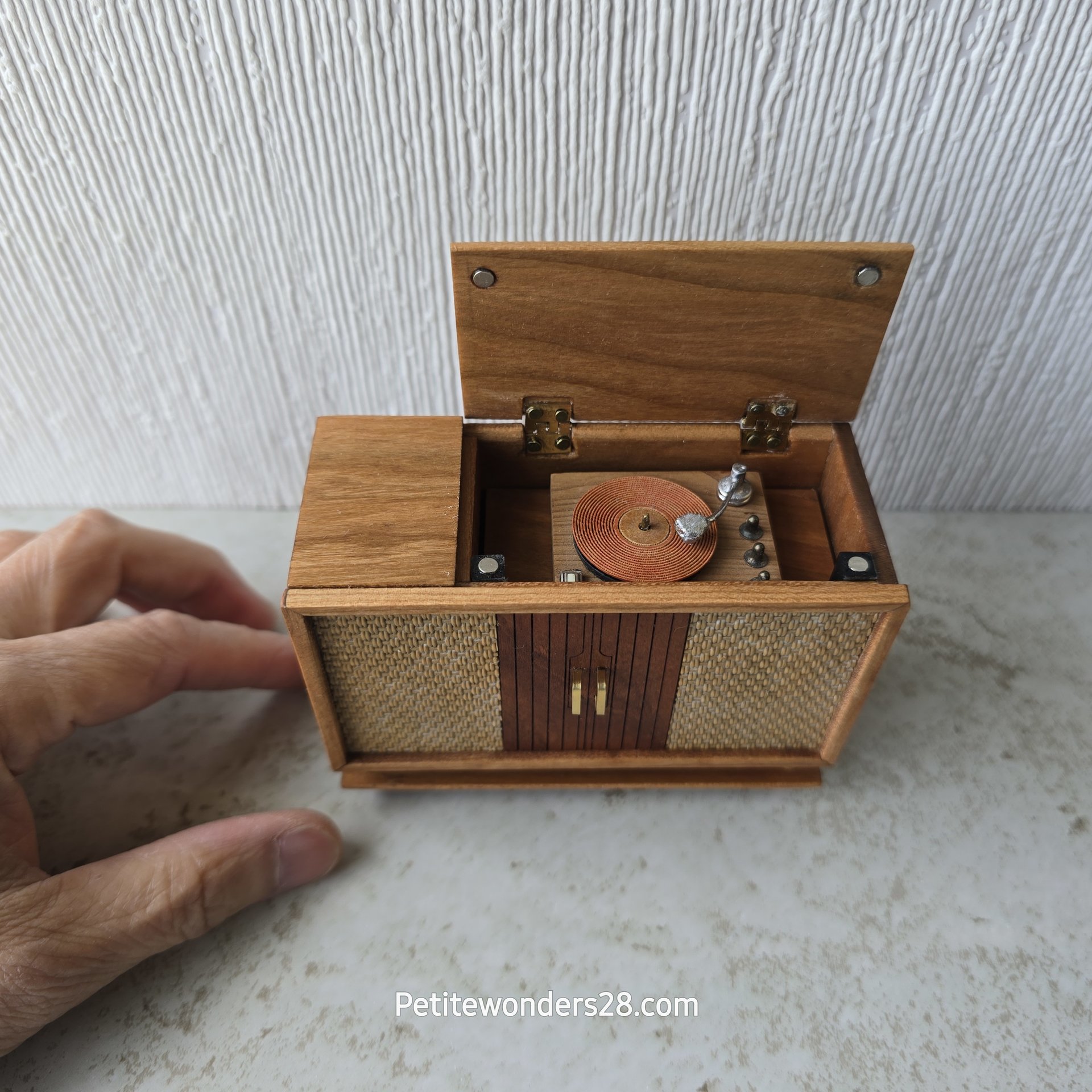 RESERVED for Deanna 1:12 Dollhouse furniture mid-century styled stereo console in solid cherry with hinged top 