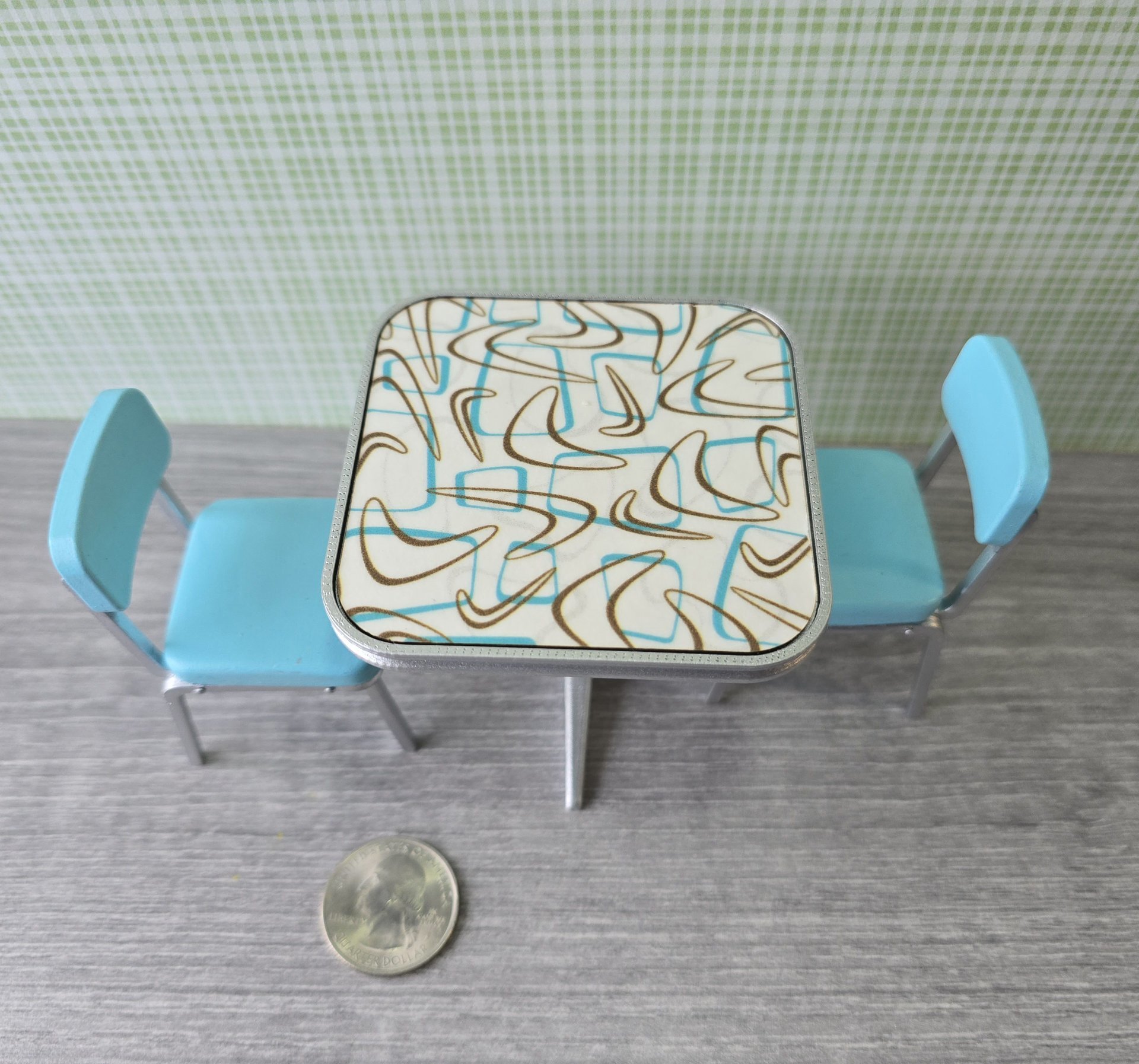 1:12 Dollhouse mid-century style dinette table set with two turquoise chairs REF Boomerang laminate top + turquoise chairs