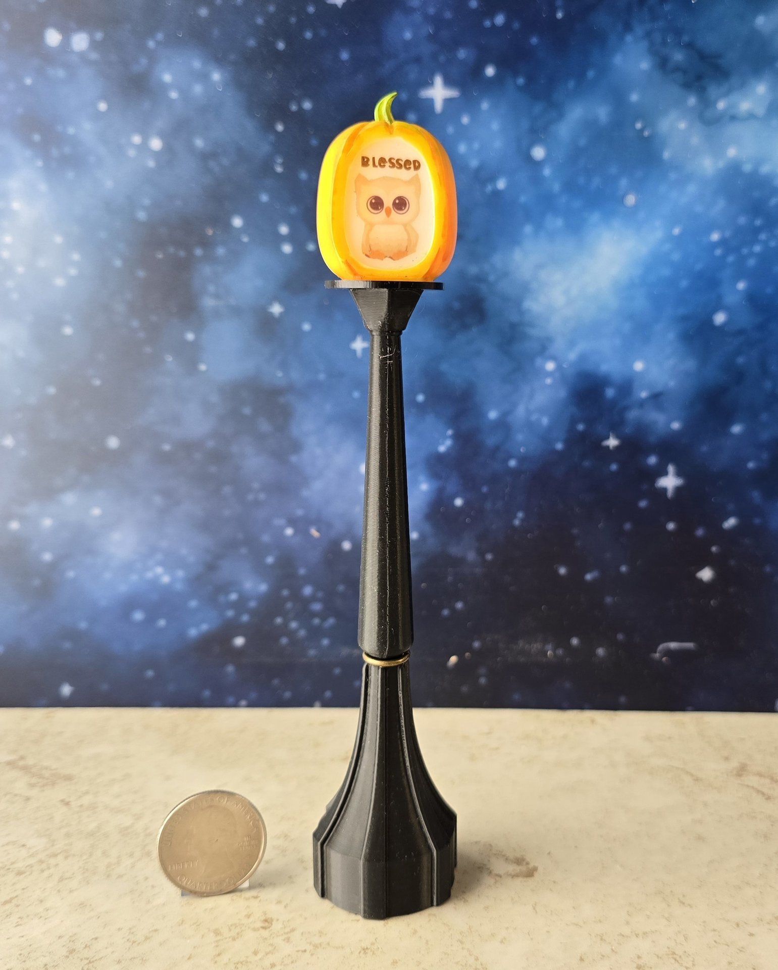 1:12 scale dollhouse battery lighted street lamp with removable pumpkin shade with owl decal No external wires REF Blessed