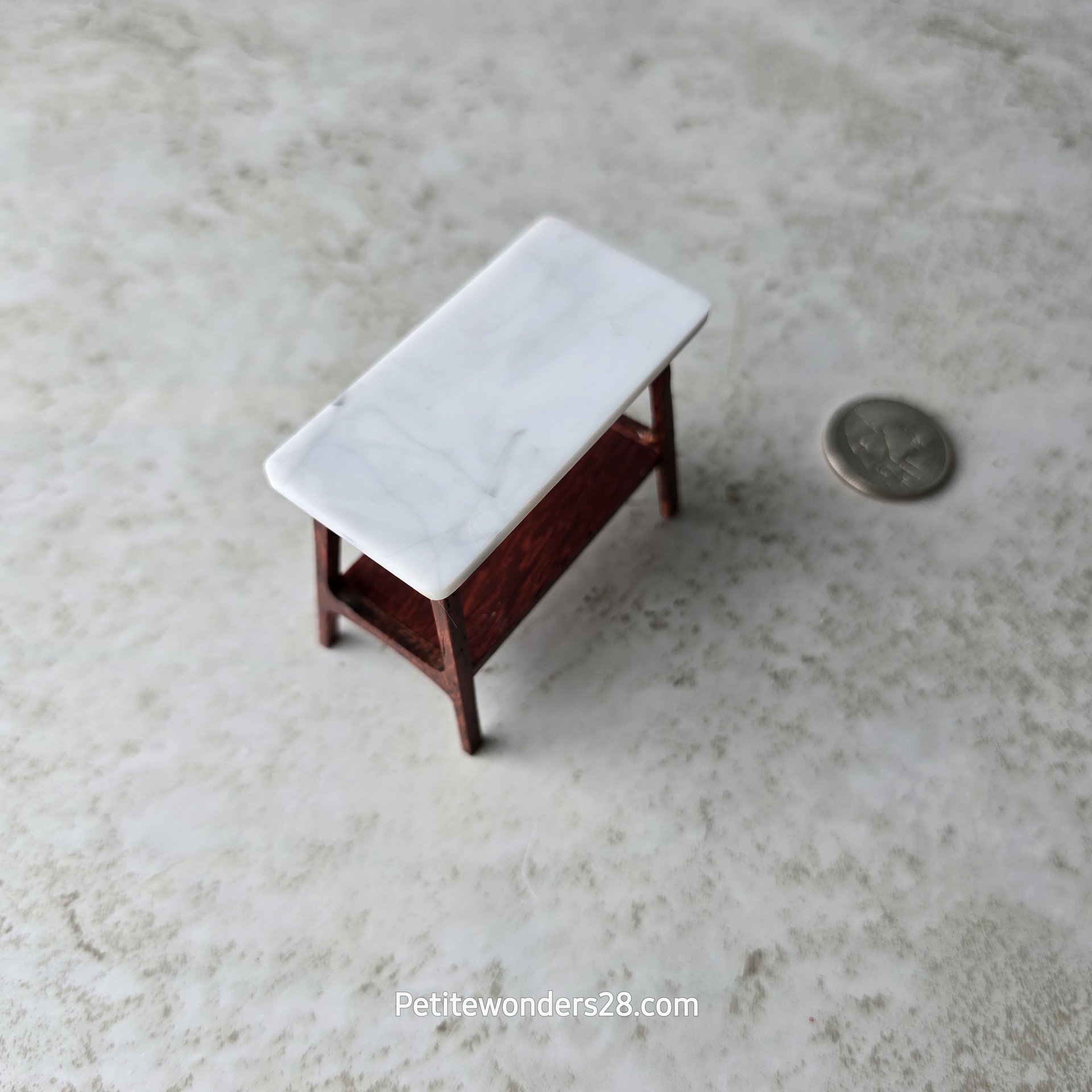1:12 scale dollhouse mid-century style side table in solid padauk wood MCM end table with faux marble top