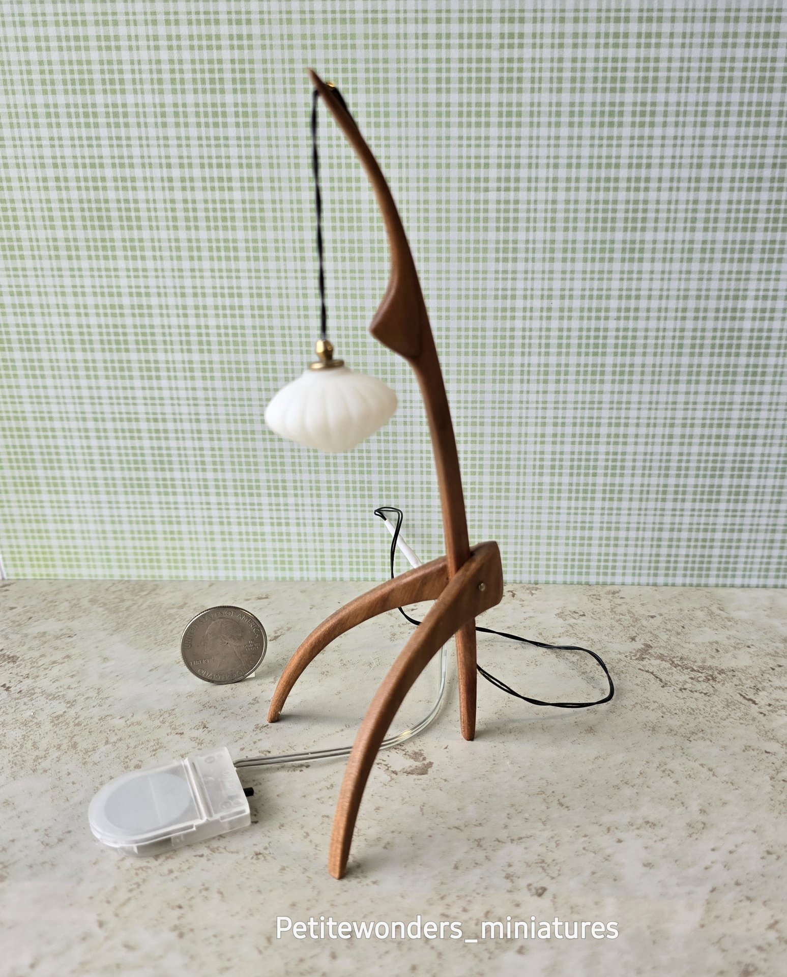 1:12 dollhouse miniature mid-century style floor lamp with sculptural tripod legs in solid cherry Rispal inspired Praying mantis lamp Battery operated LED lamp REF Cherry wood
