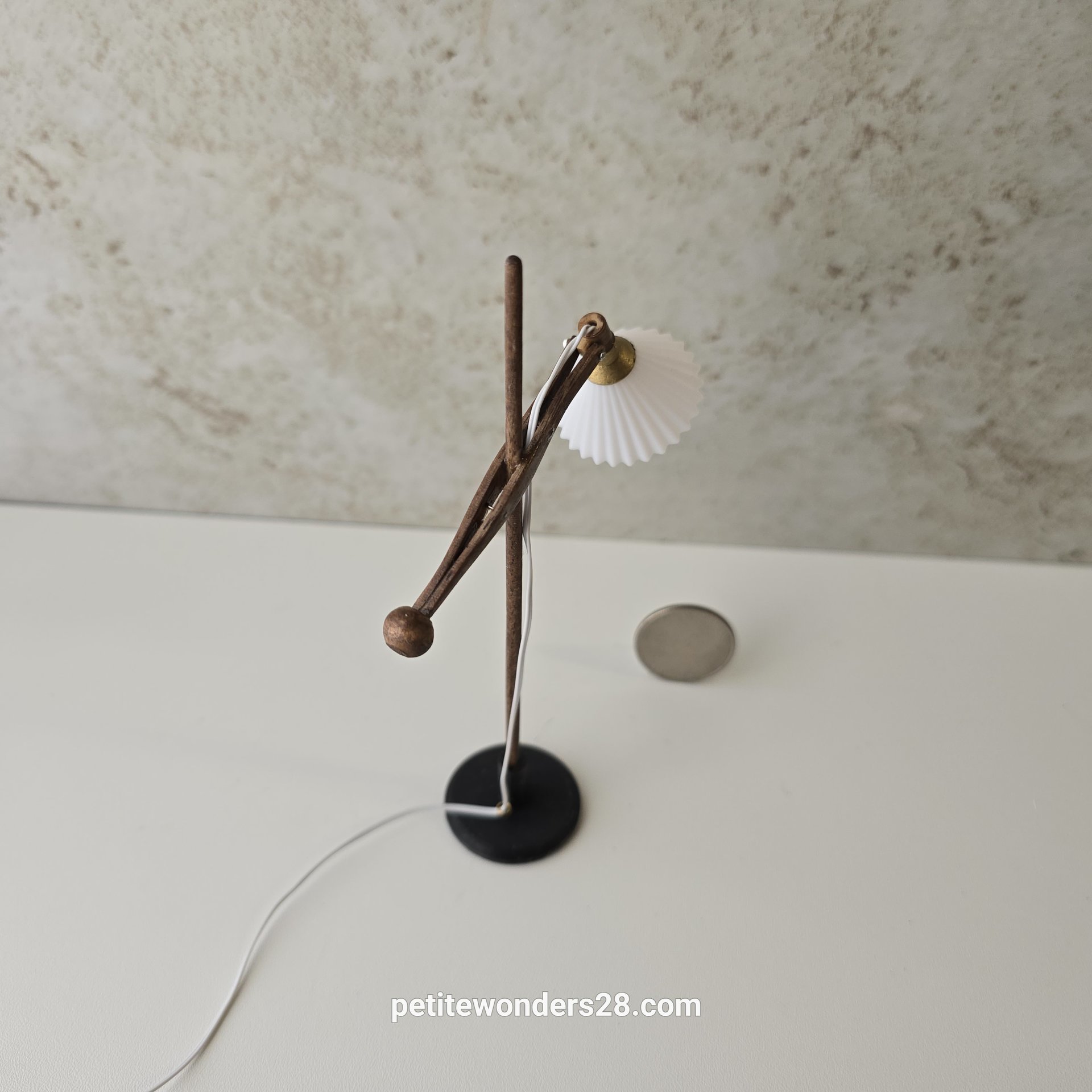 1:12 Dollhouse mid-century style floor lamp Battery operated LED lamp with external wires REF walnut wood lamp post