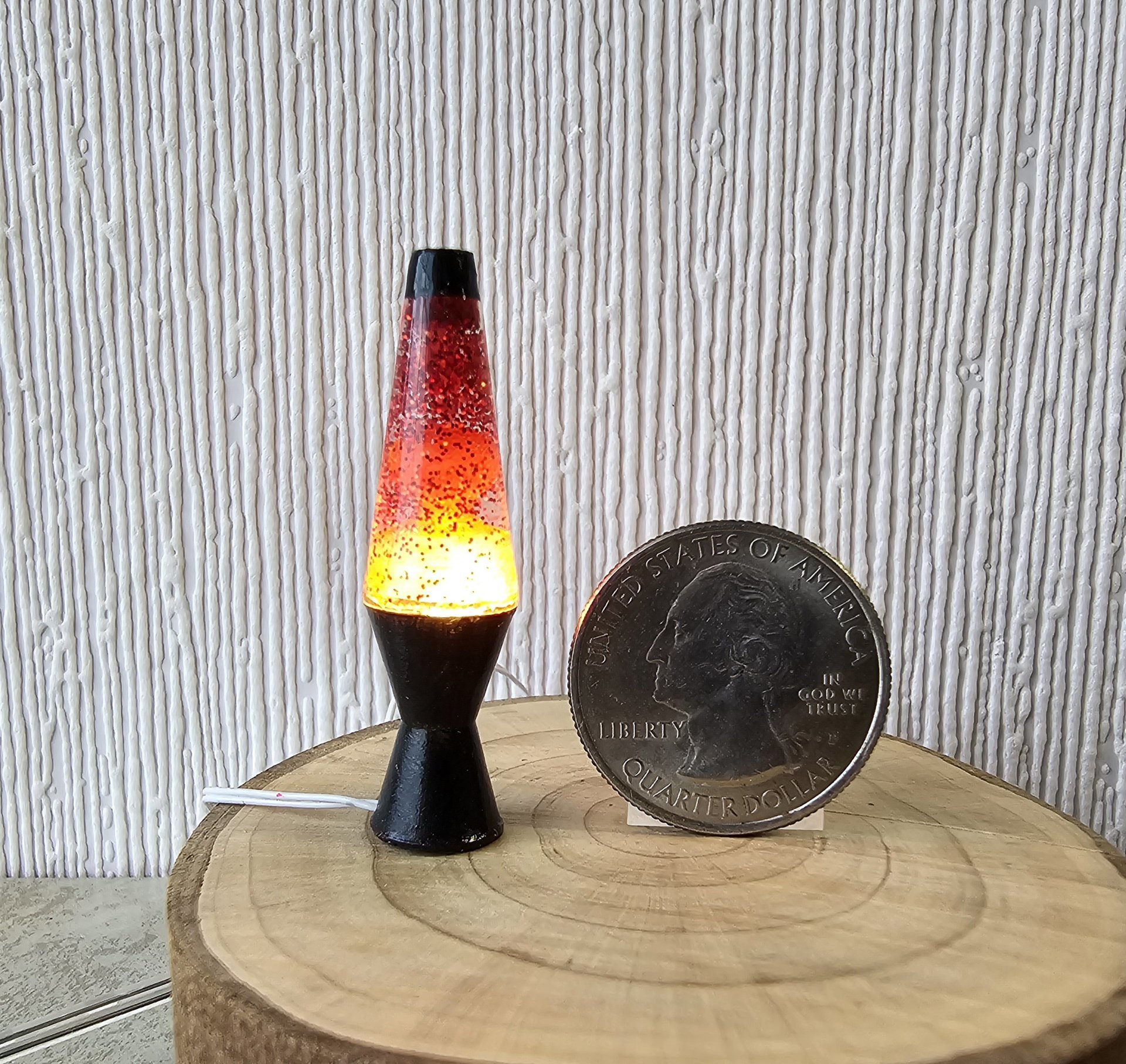 1:12 Dollhouse miniature retro lava lamp Battery operated LED table lamp MCM style with external wires REF Black base red resin