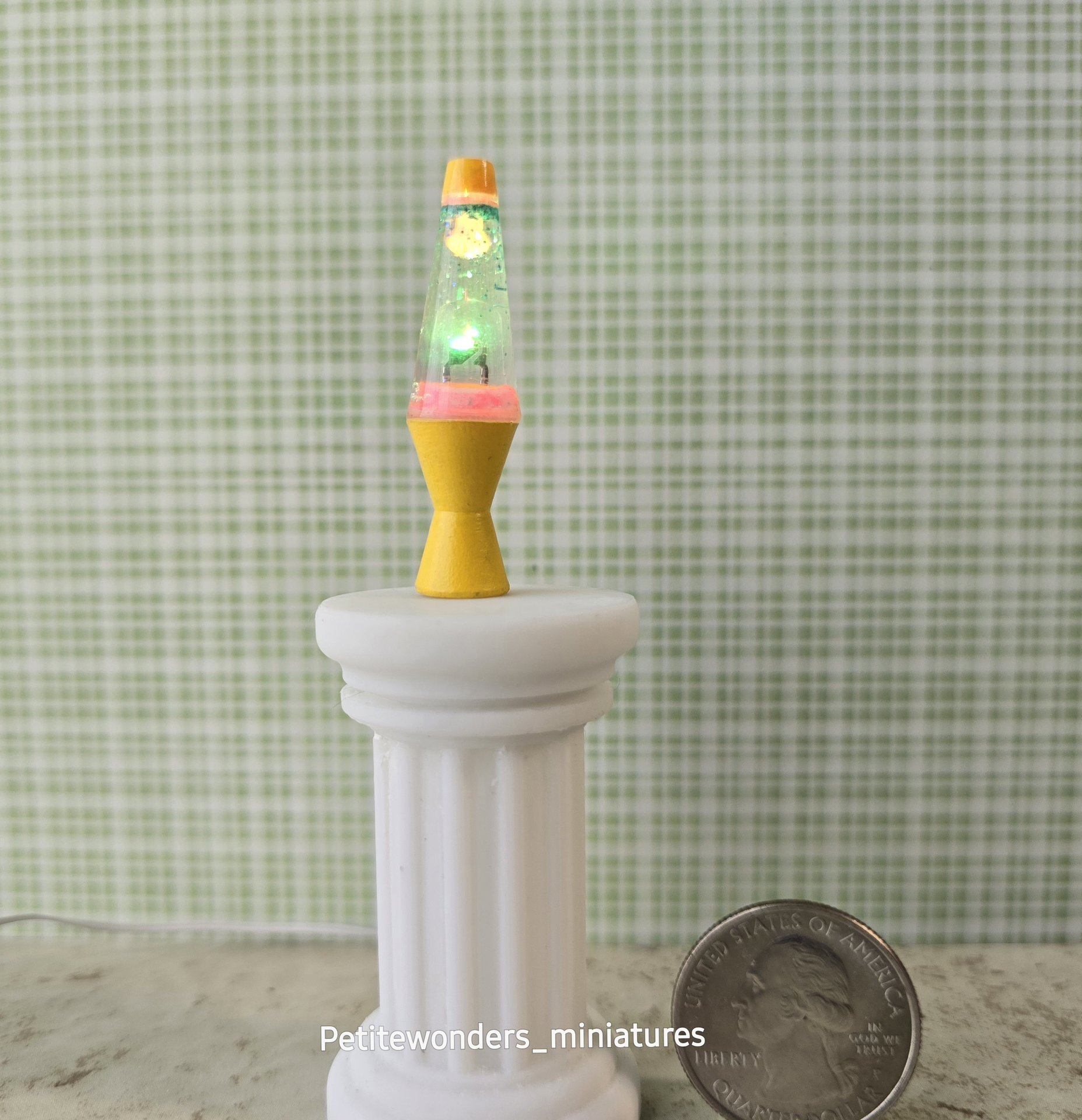 1:12 Dollhouse miniature retro lava lamp Battery operated LED table lamp MCM style with external wires REF Color changing LED Yellow base