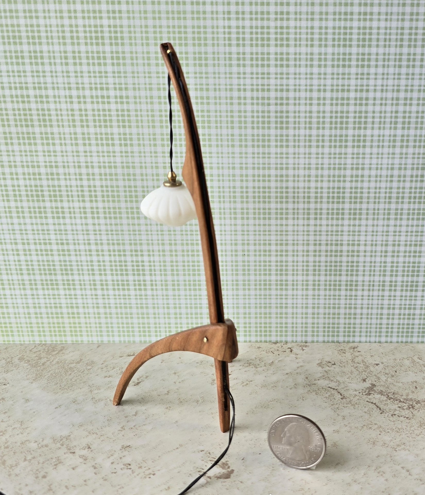 1:12 dollhouse miniature mid-century style floor lamp with sculptural tripod legs in solid cherry Rispal inspired Praying mantis lamp Battery operated LED lamp REF Cherry wood
