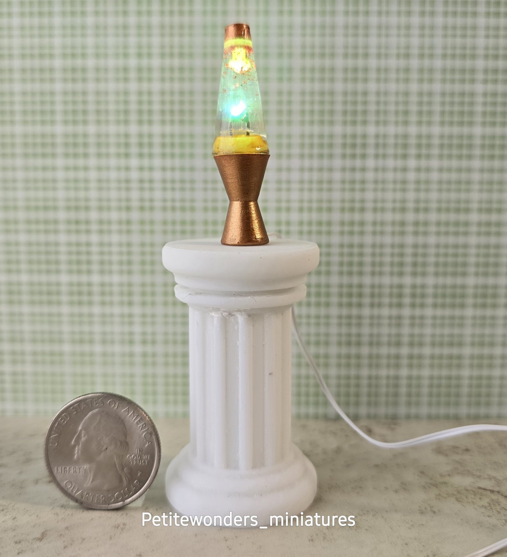1:12 Dollhouse miniature retro lava lamp Battery operated LED table lamp MCM style with external wires REF Color changing LED copper finish base
