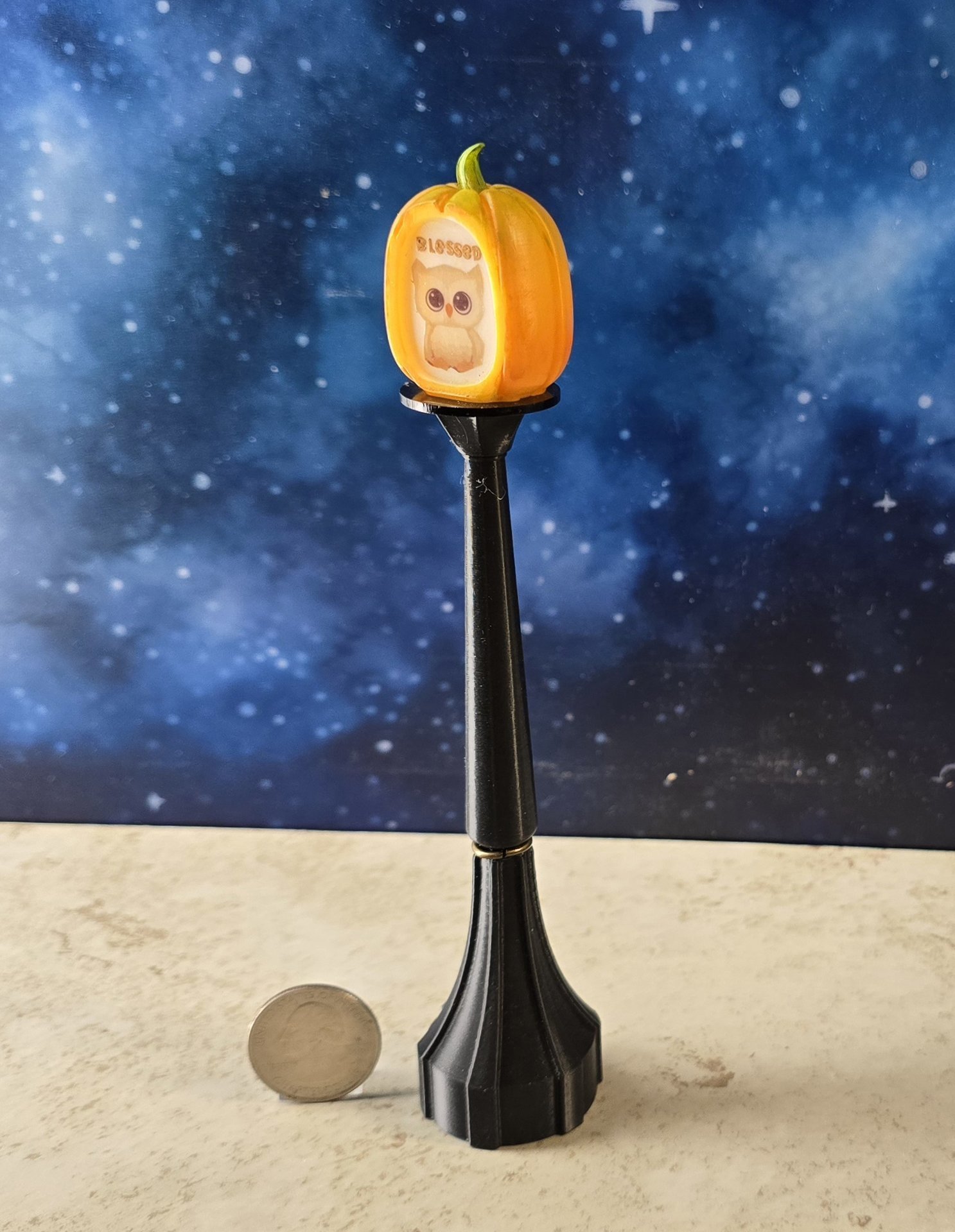 1:12 scale dollhouse battery lighted street lamp with removable pumpkin shade with owl decal No external wires REF Blessed