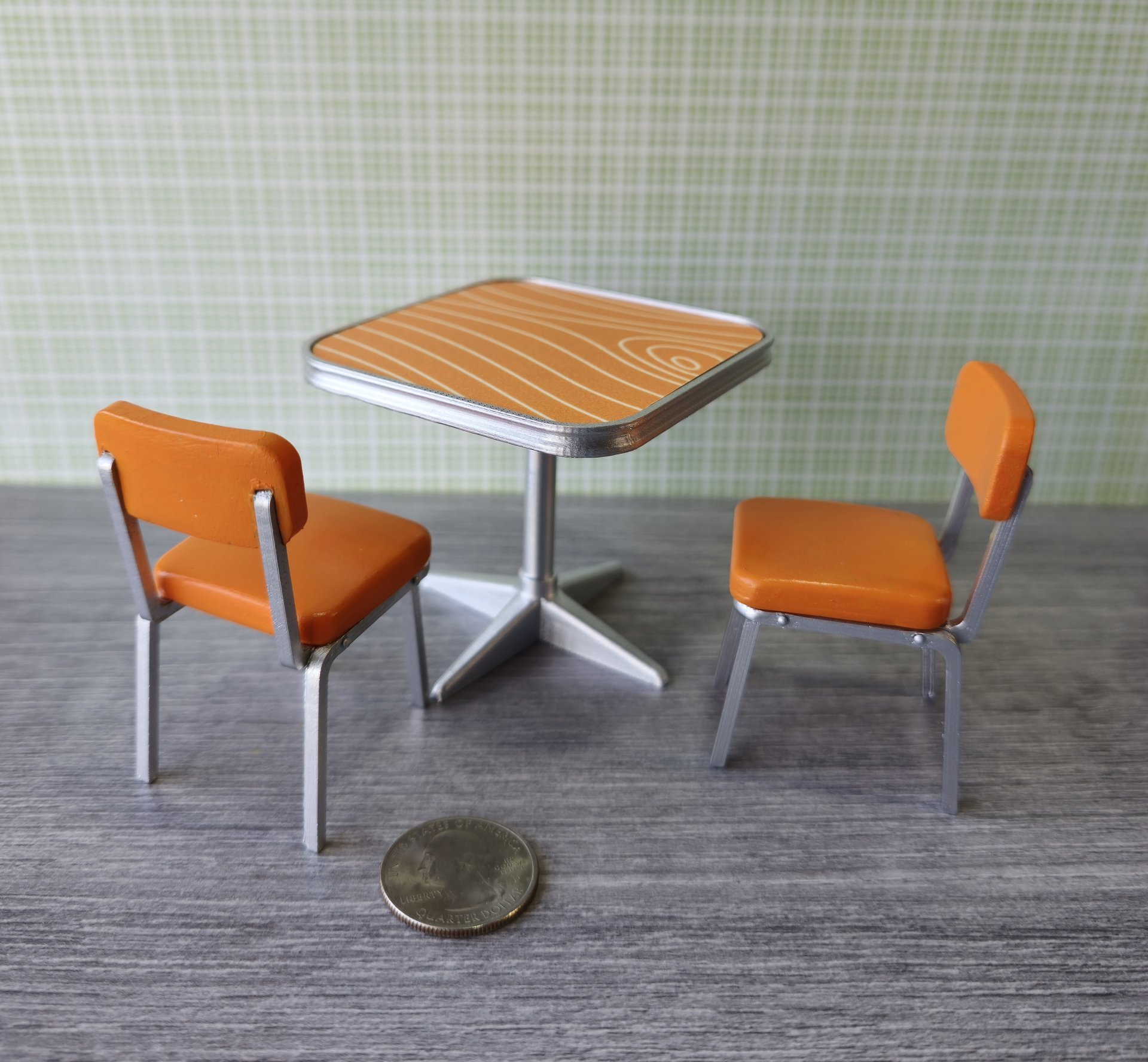 1:12 Dollhouse mid-century style dinette table set with two orange chairs REF Orange laminate top