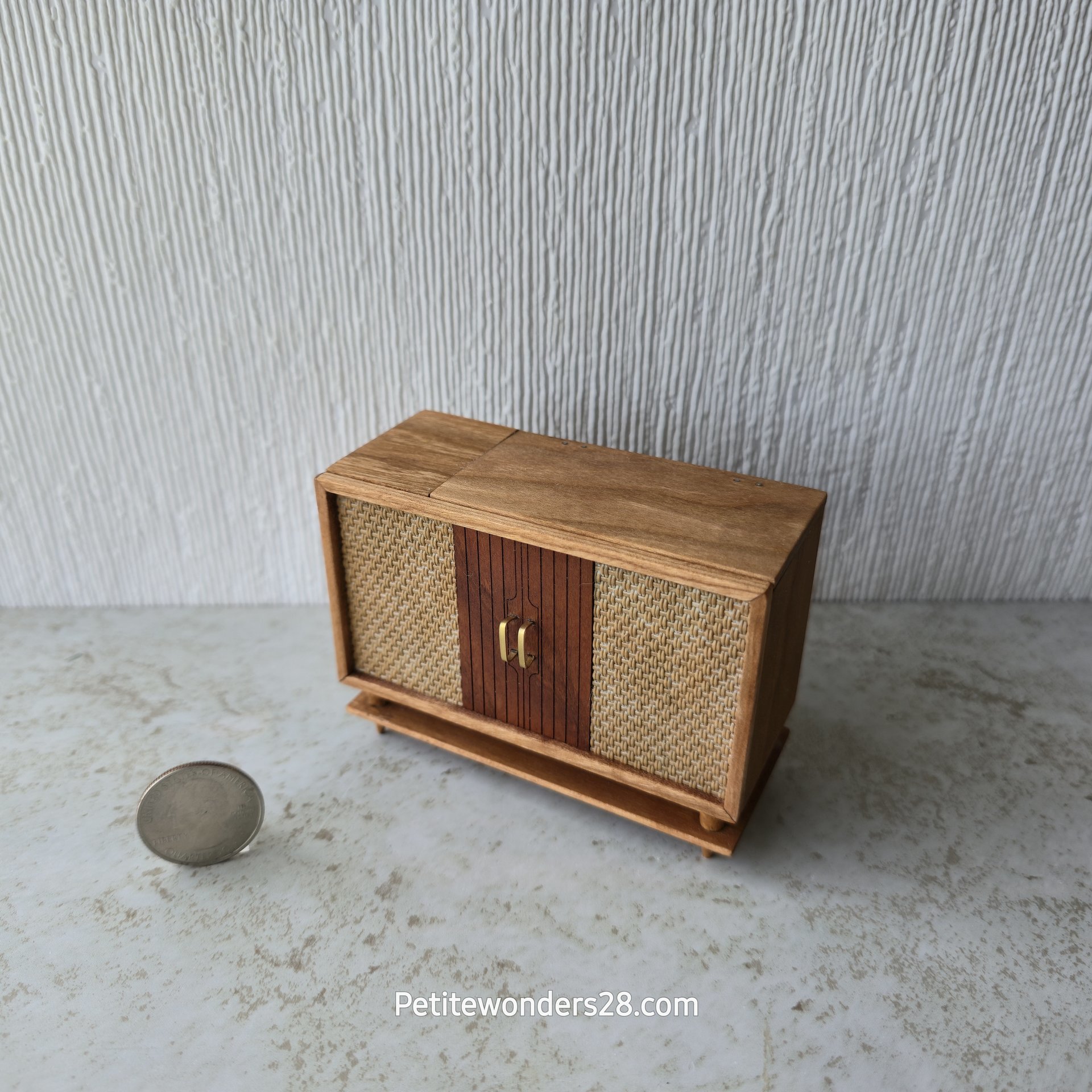 RESERVED for Deanna 1:12 Dollhouse furniture mid-century styled stereo console in solid cherry with hinged top 