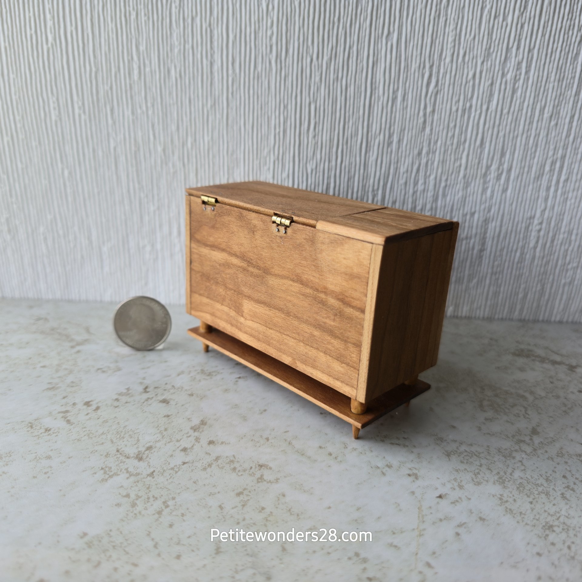 RESERVED for Deanna 1:12 Dollhouse furniture mid-century styled stereo console in solid cherry with hinged top 