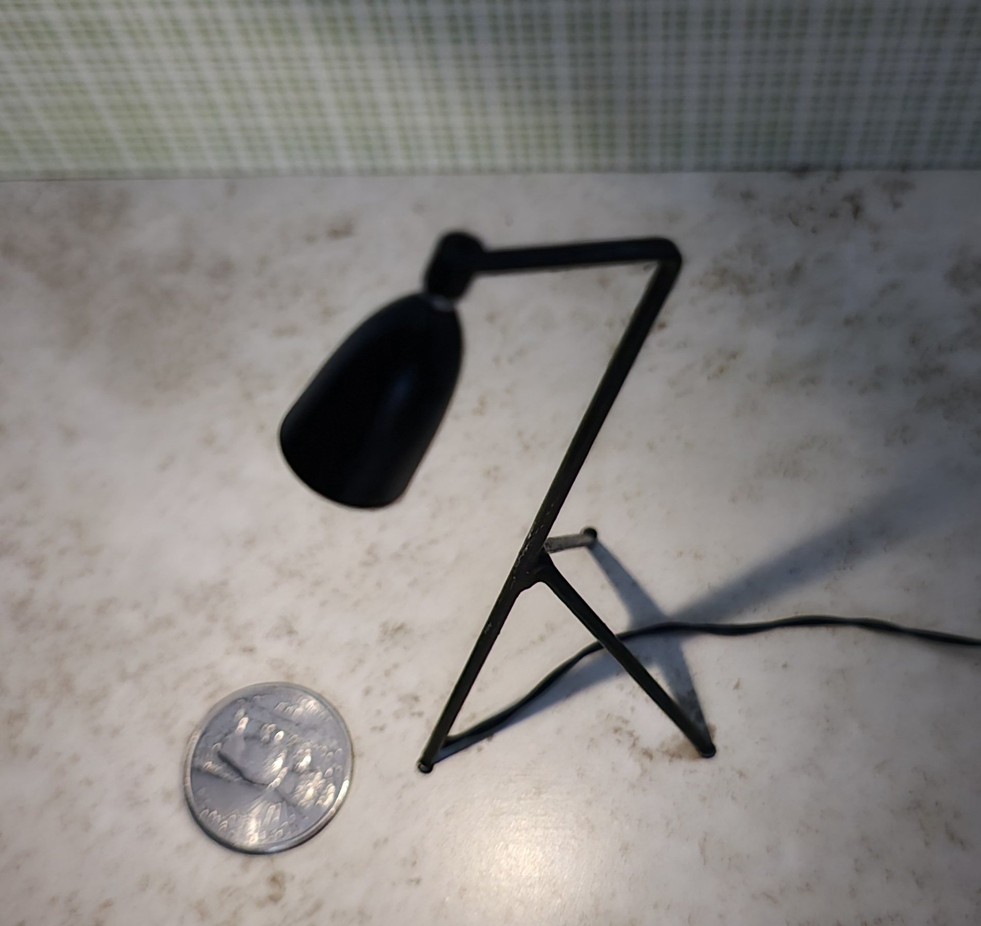 1:12 Dollhouse mid-century style tripod floor lamp Battery operated LED lamp with external wires REF Black grasshopper