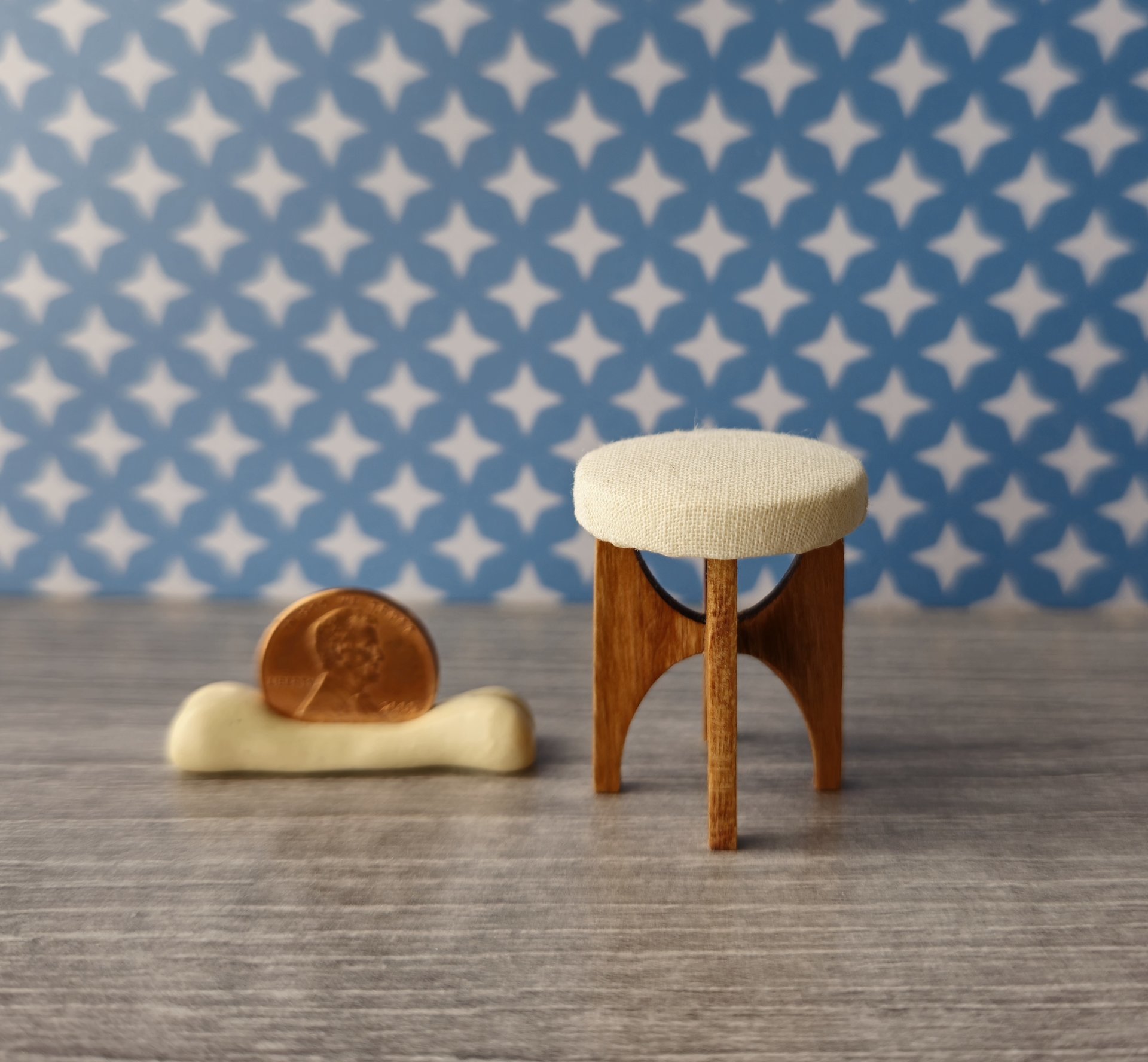 1:12 Dollhouse MCM style vanity stool with cherry wood legs upholsterd seat pad 