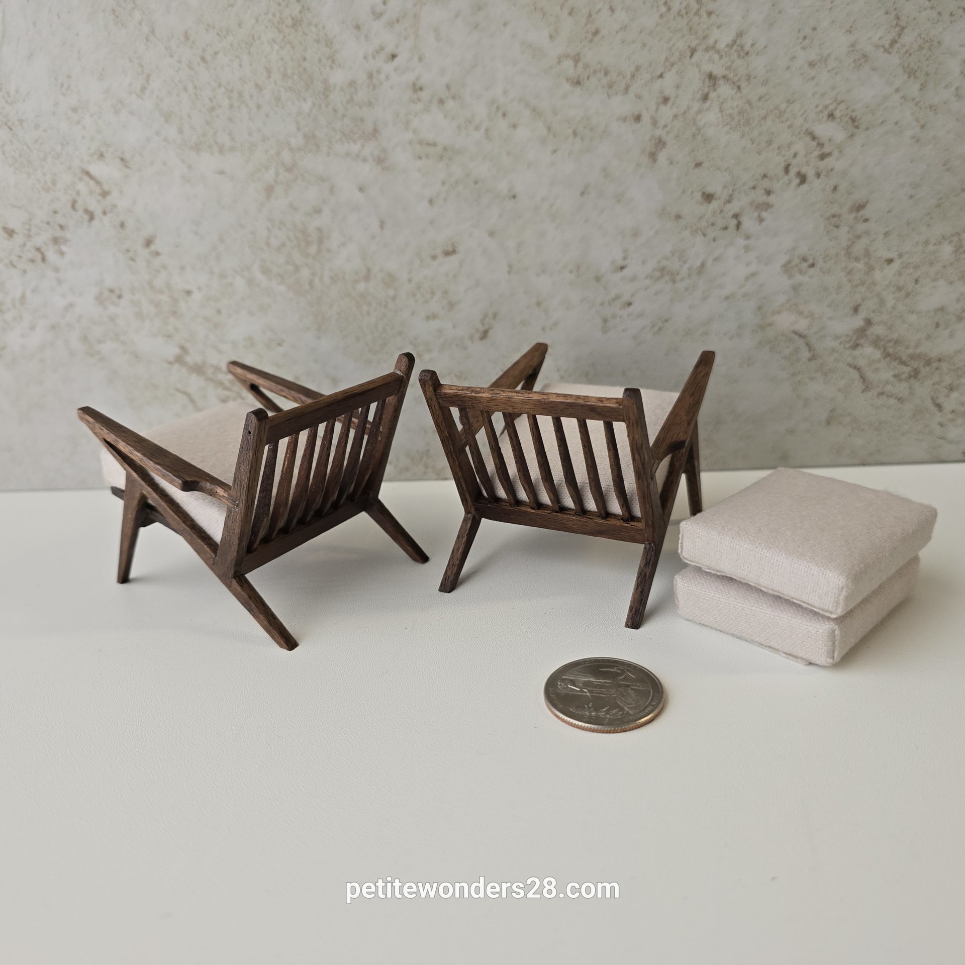 Made-to-order 1:12 Dollhouse mid-century style lounge chair in walnut MCM Z-chair with off-white cushions PRICE is for One chair