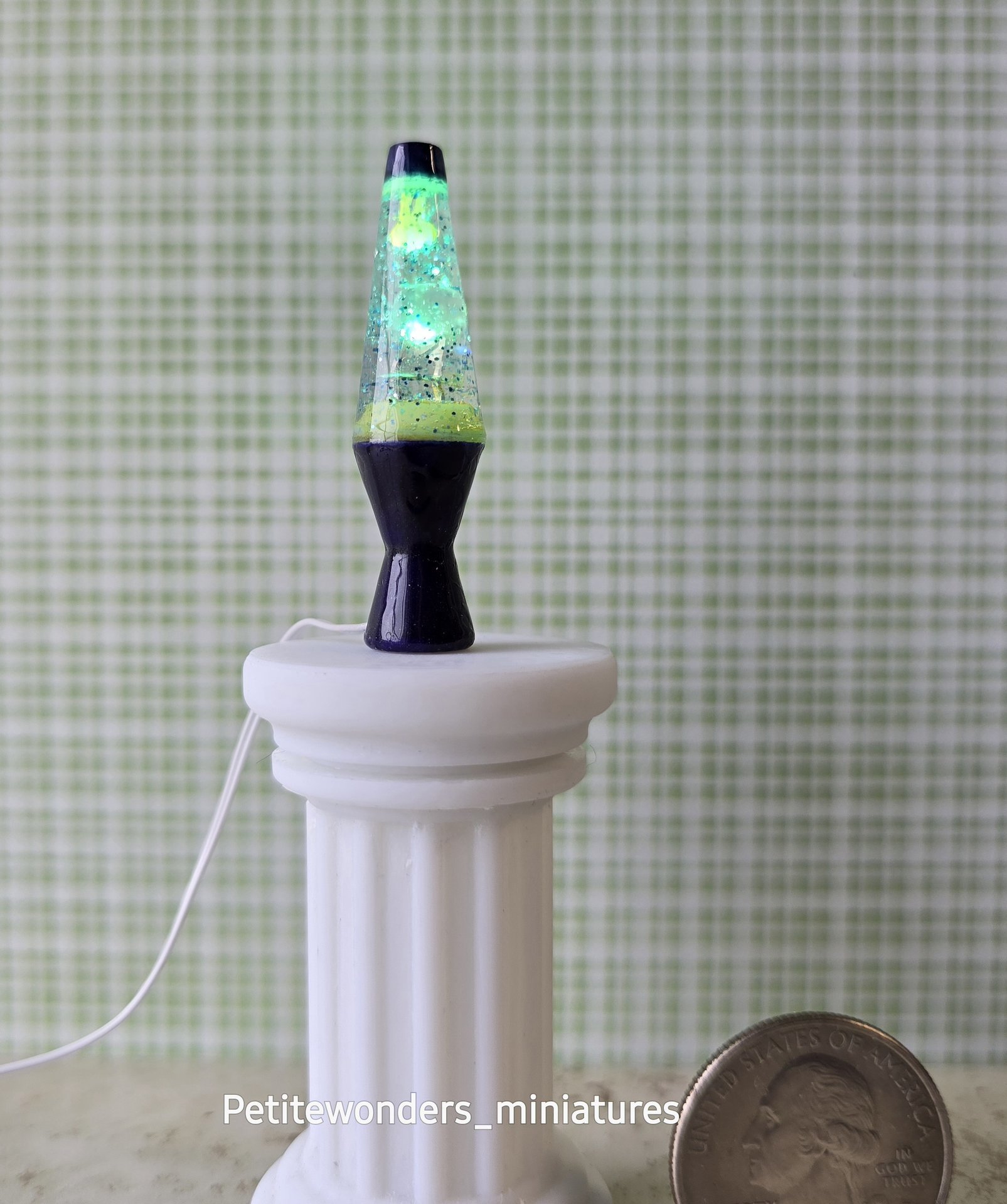 1:12 Dollhouse miniature retro lava lamp Battery operated LED table lamp MCM style with external wires REF Color changing LED Deep purple base