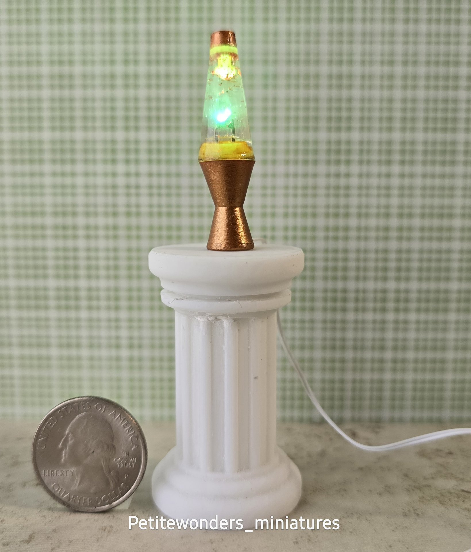 1:12 Dollhouse miniature retro lava lamp Battery operated LED table lamp MCM style with external wires REF Color changing LED copper finish base