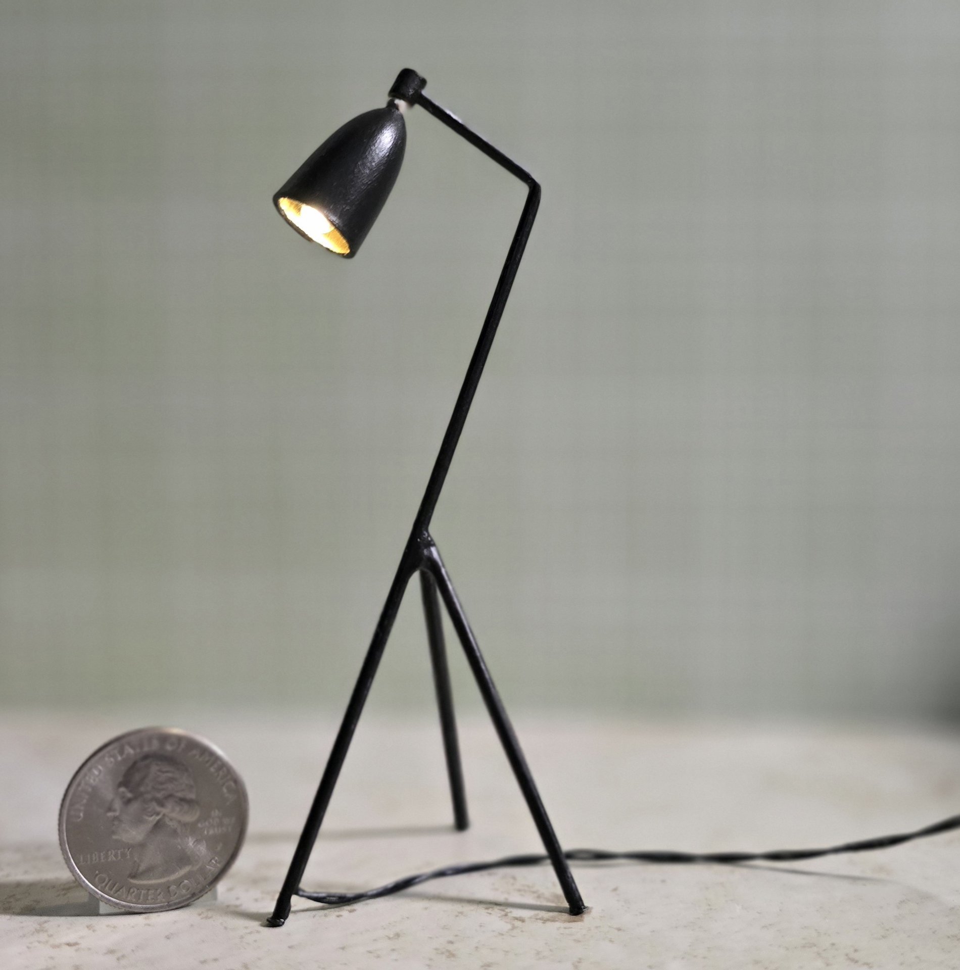 1:12 Dollhouse mid-century style tripod floor lamp Battery operated LED lamp with external wires REF Black grasshopper