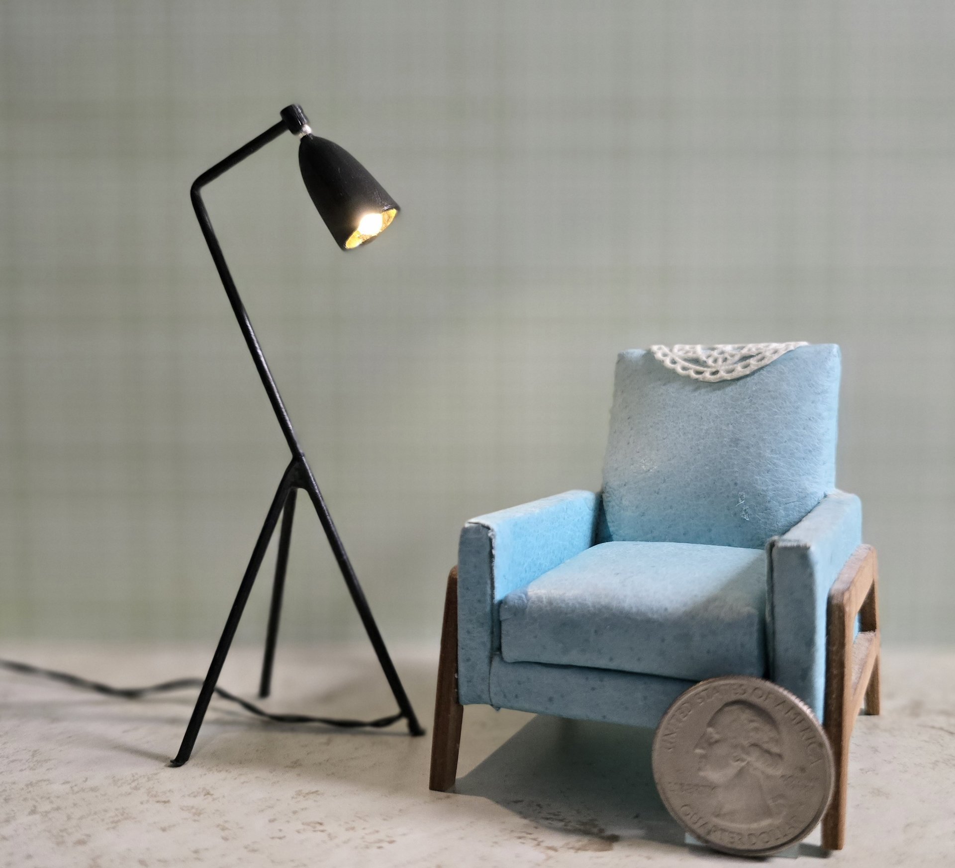 1:12 Dollhouse mid-century style tripod floor lamp Battery operated LED lamp with external wires REF Black grasshopper