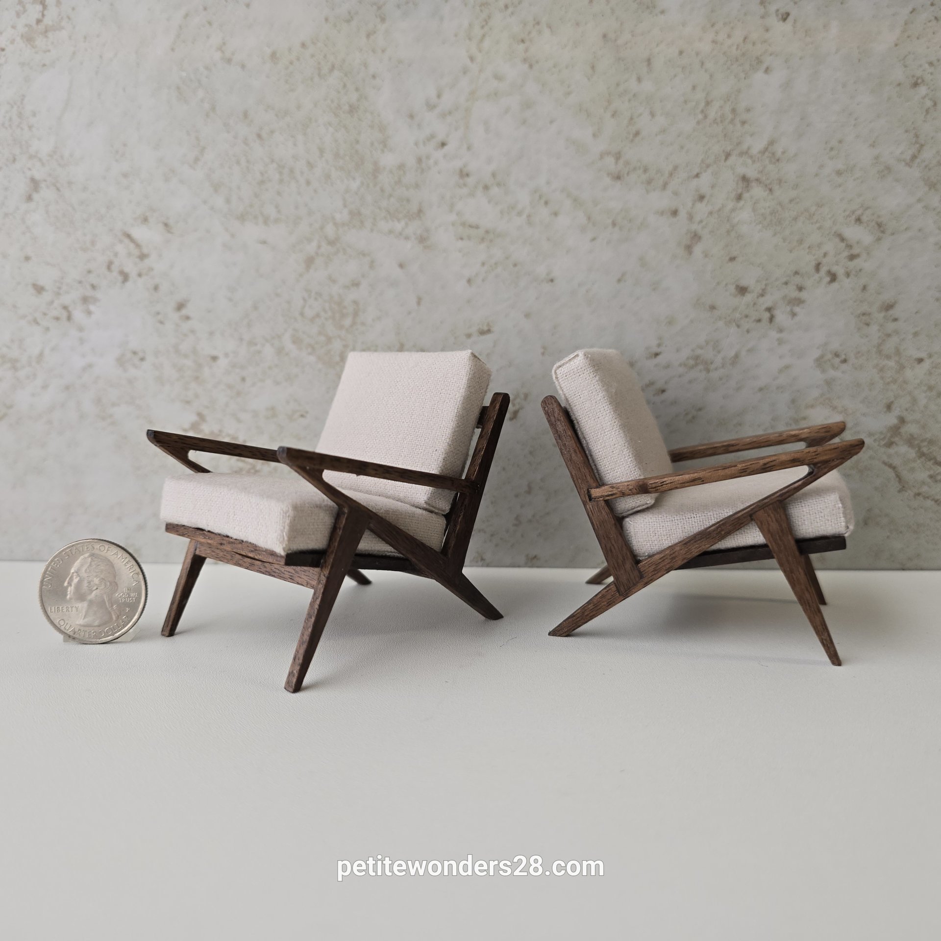 Made-to-order 1:12 Dollhouse mid-century style lounge chair in walnut MCM Z-chair with off-white cushions PRICE is for One chair