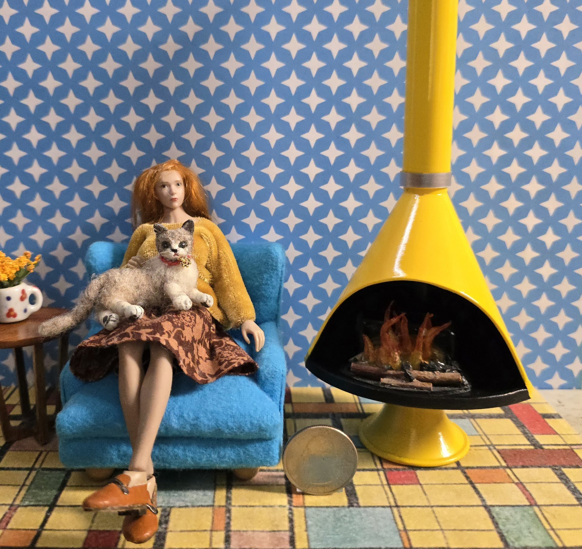 1:12 Dollhouse miniature Mid century modern free standing fireplace MCM yellow fireplace inspired by Malm fireplace Retro fireplace REF Yellow