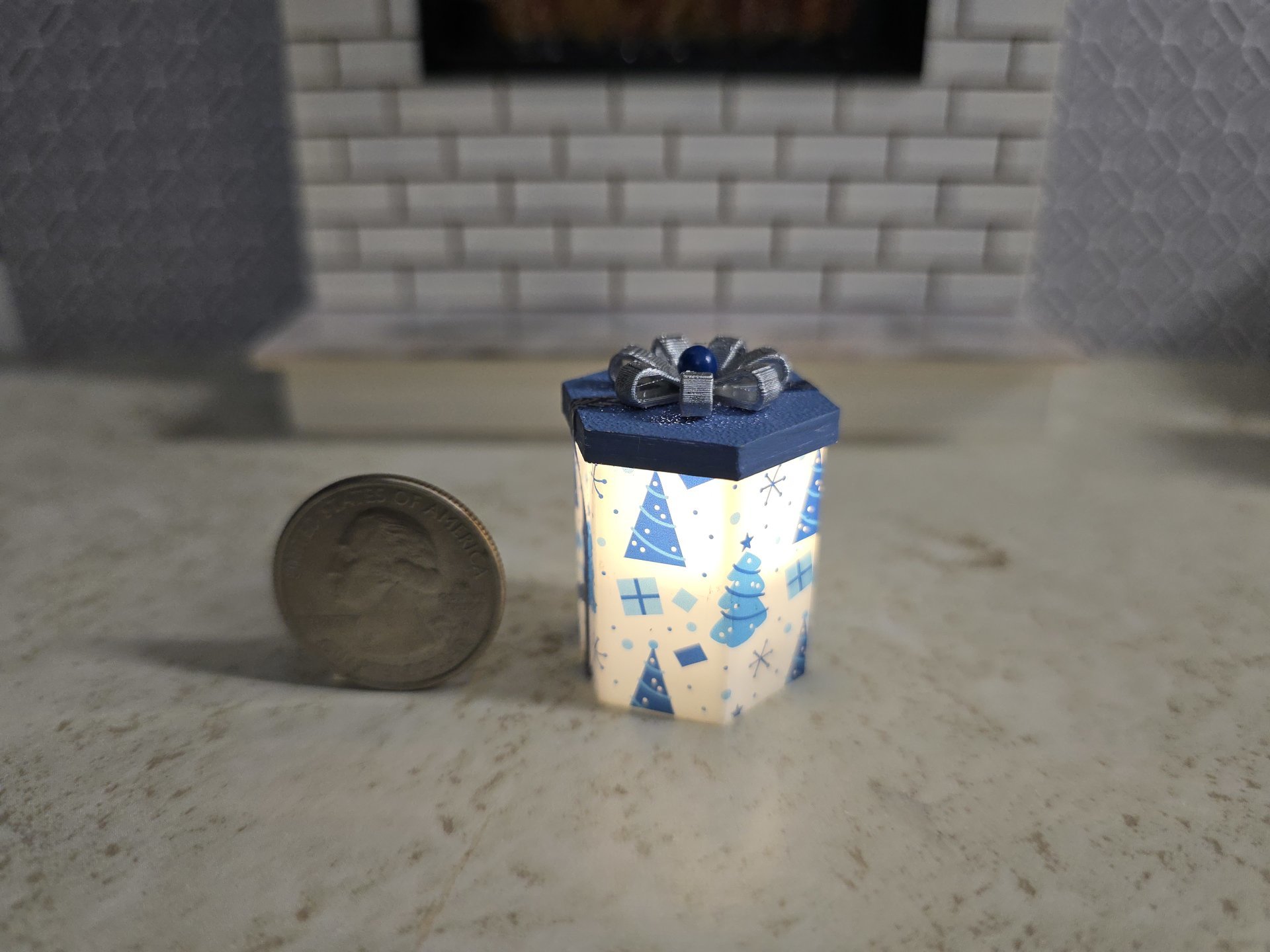 1-inch scale dollhouse miniature light up Christmas gift box Battery lighted gift box for mini holiday scene REF #2 Blue Xmas trees