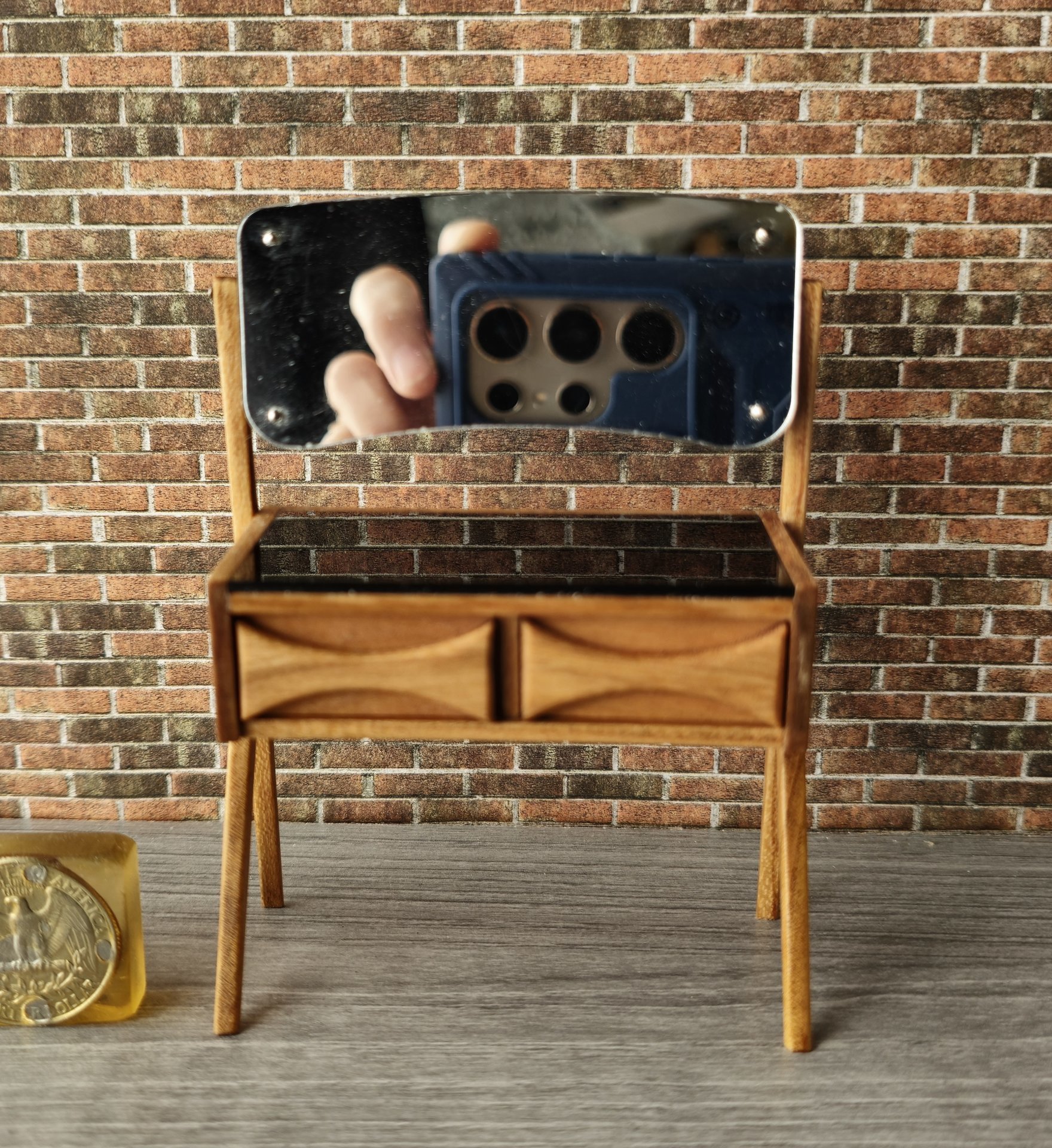 1:12 Dollhouse mid-century style vanity or dressing table in solid cherry wood with swing acrylic mirror and working drawers