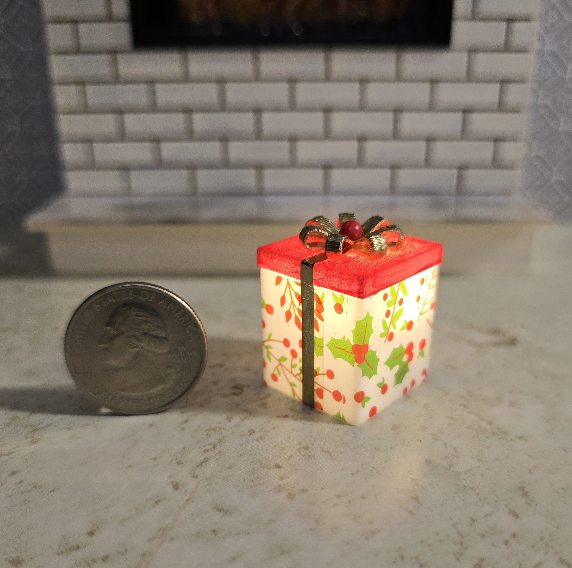 1-inch scale dollhouse miniature light up Christmas gift box Battery lighted gift box for mini holiday scene REF #9 Red lid & hollies