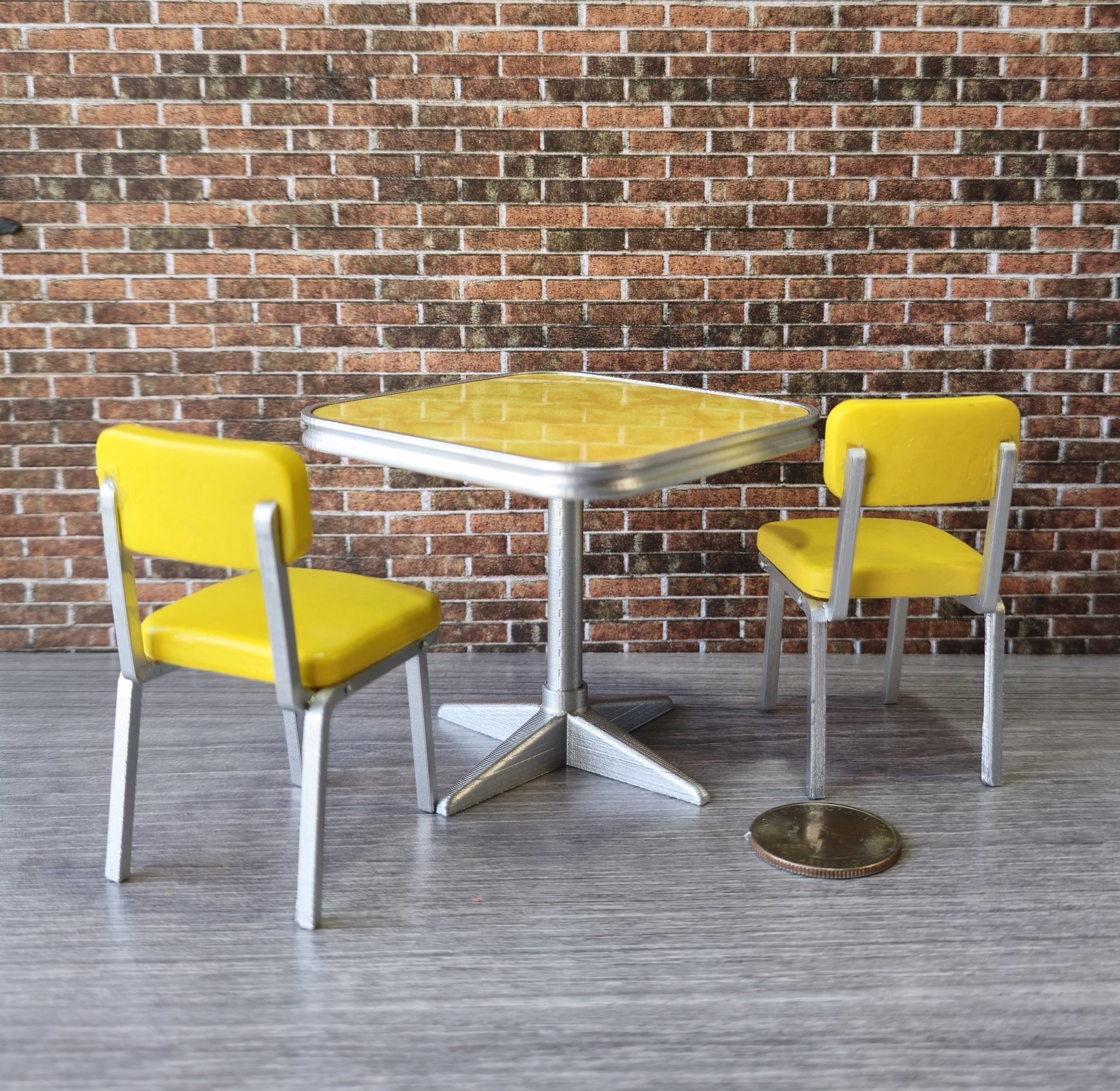 1:12 Dollhouse mid-century style dinette table set with two orange chairs REF Yellow laminate top