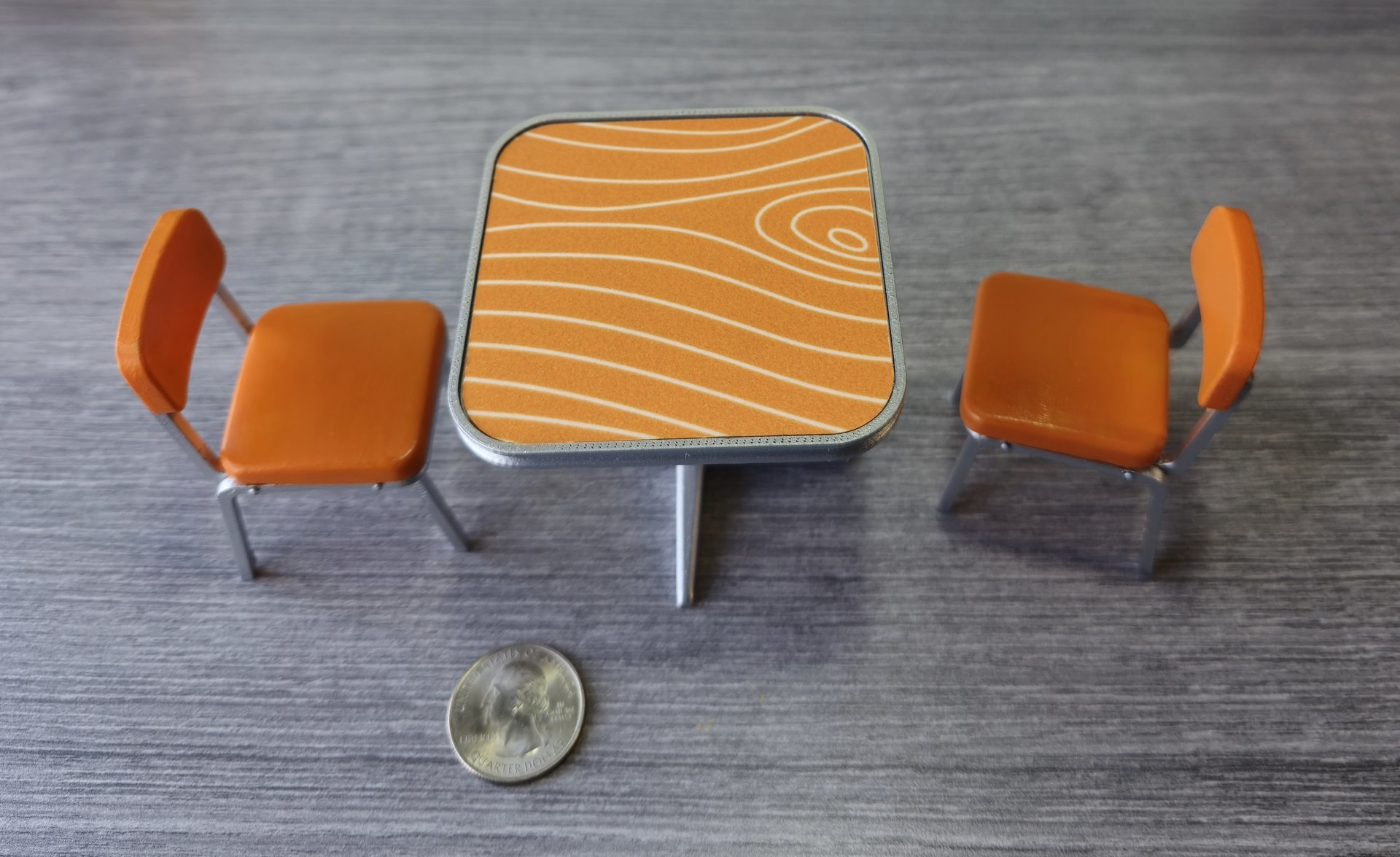 1:12 Dollhouse mid-century style dinette table set with two orange chairs REF Orange laminate top