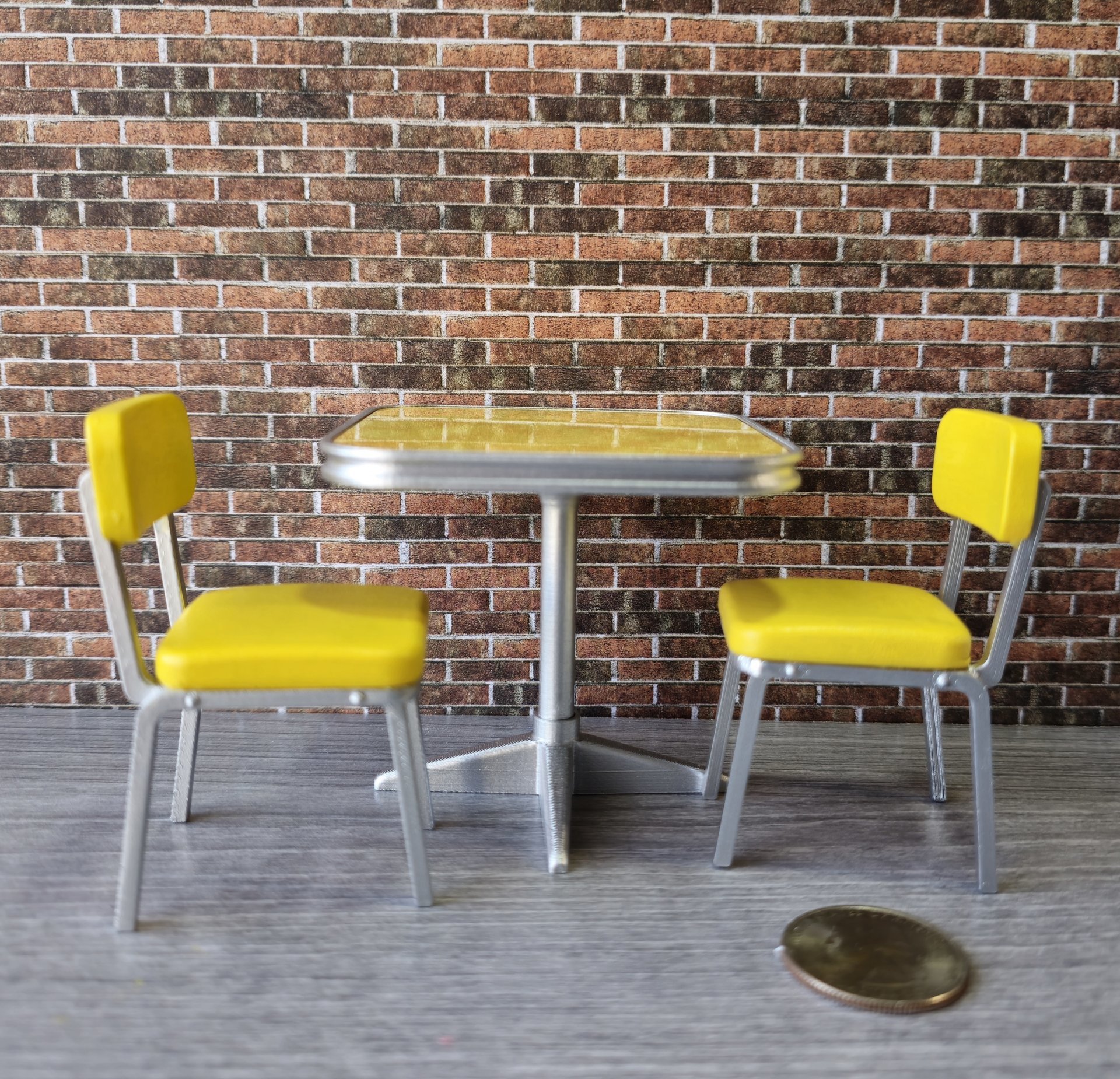 1:12 Dollhouse mid-century style dinette table set with two orange chairs REF Yellow laminate top