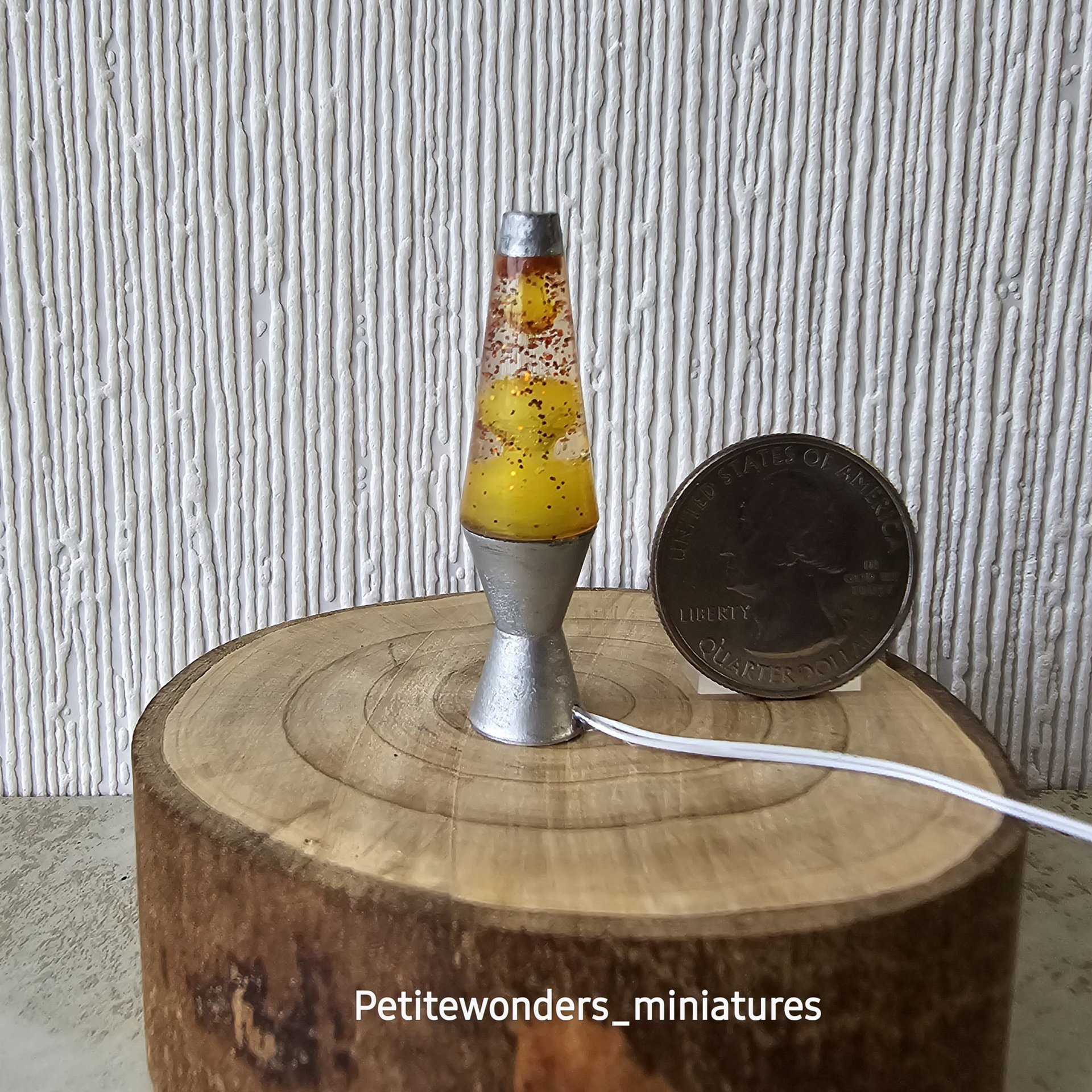 1:12 Dollhouse miniature retro lava lamp Battery operated LED table lamp MCM style with external wires REF Chrome finish base red glitter clear resin