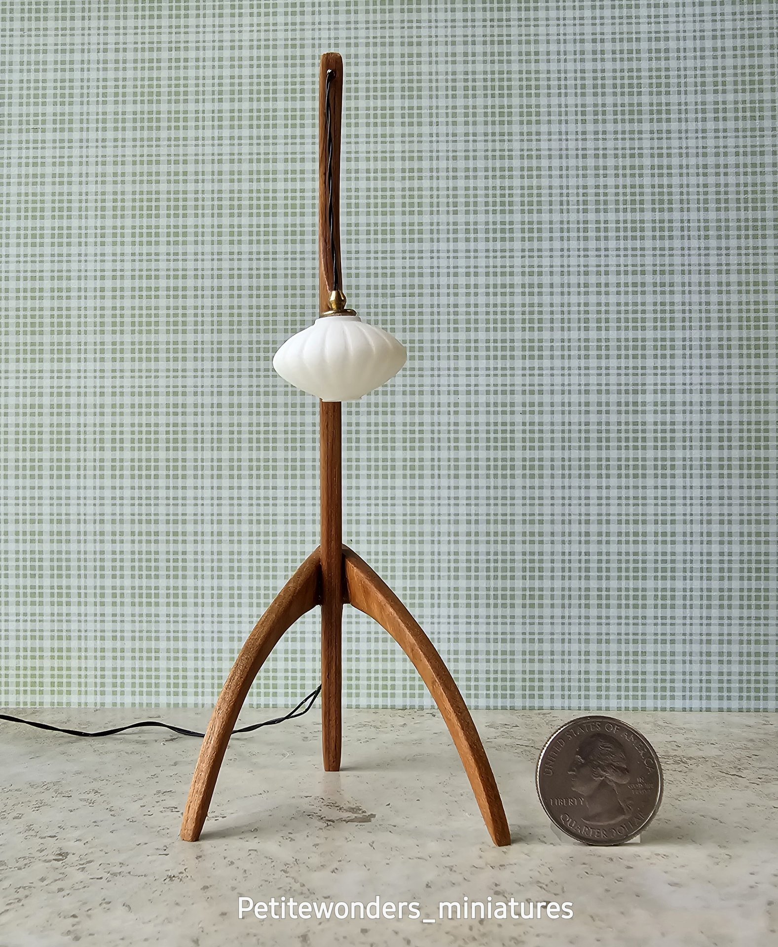 1:12 dollhouse miniature mid-century style floor lamp with sculptural tripod legs in solid cherry Rispal inspired Praying mantis lamp Battery operated LED lamp REF Cherry wood