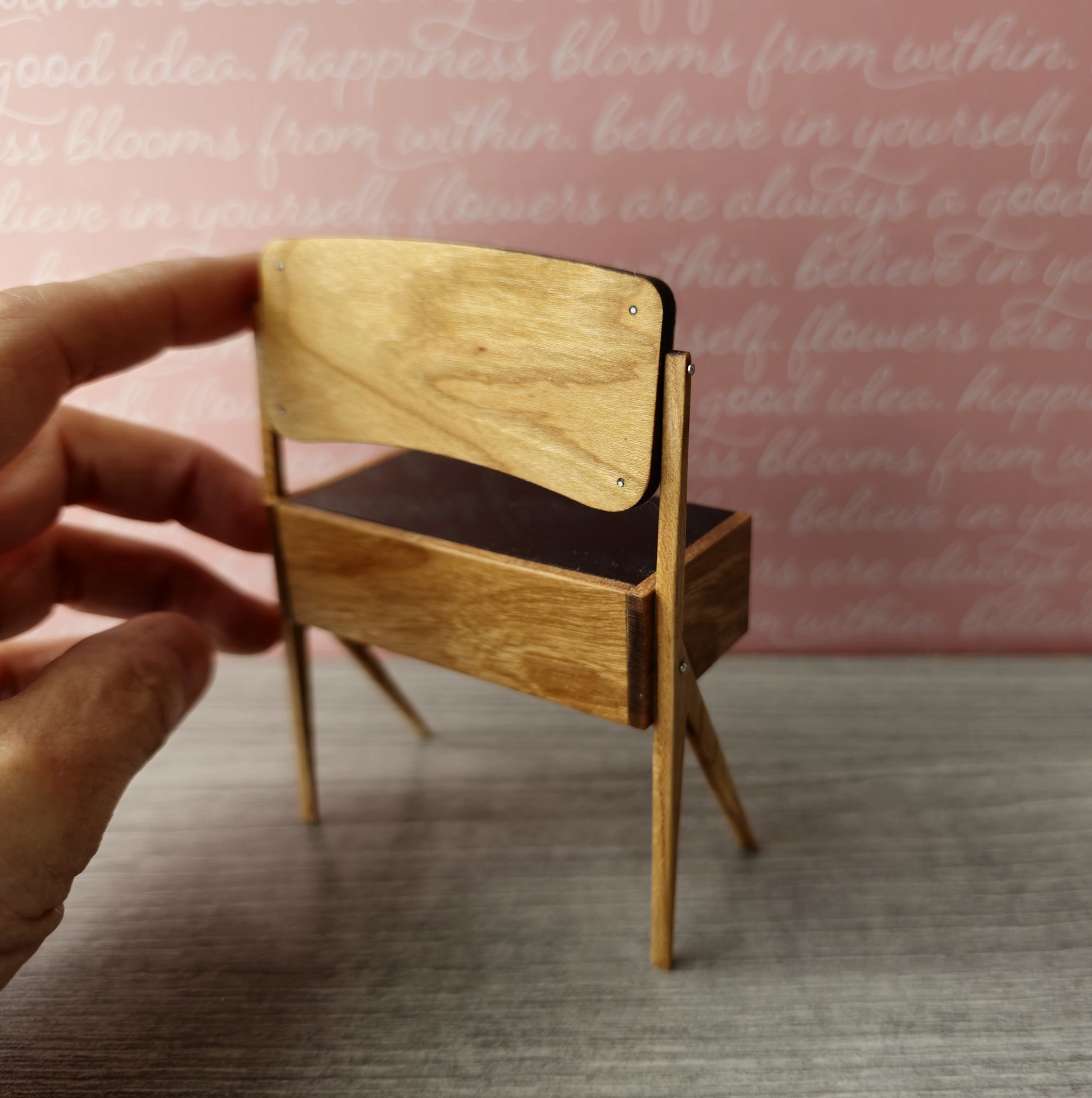 1:12 Dollhouse mid-century style vanity or dressing table in solid cherry wood with swing acrylic mirror and working drawers