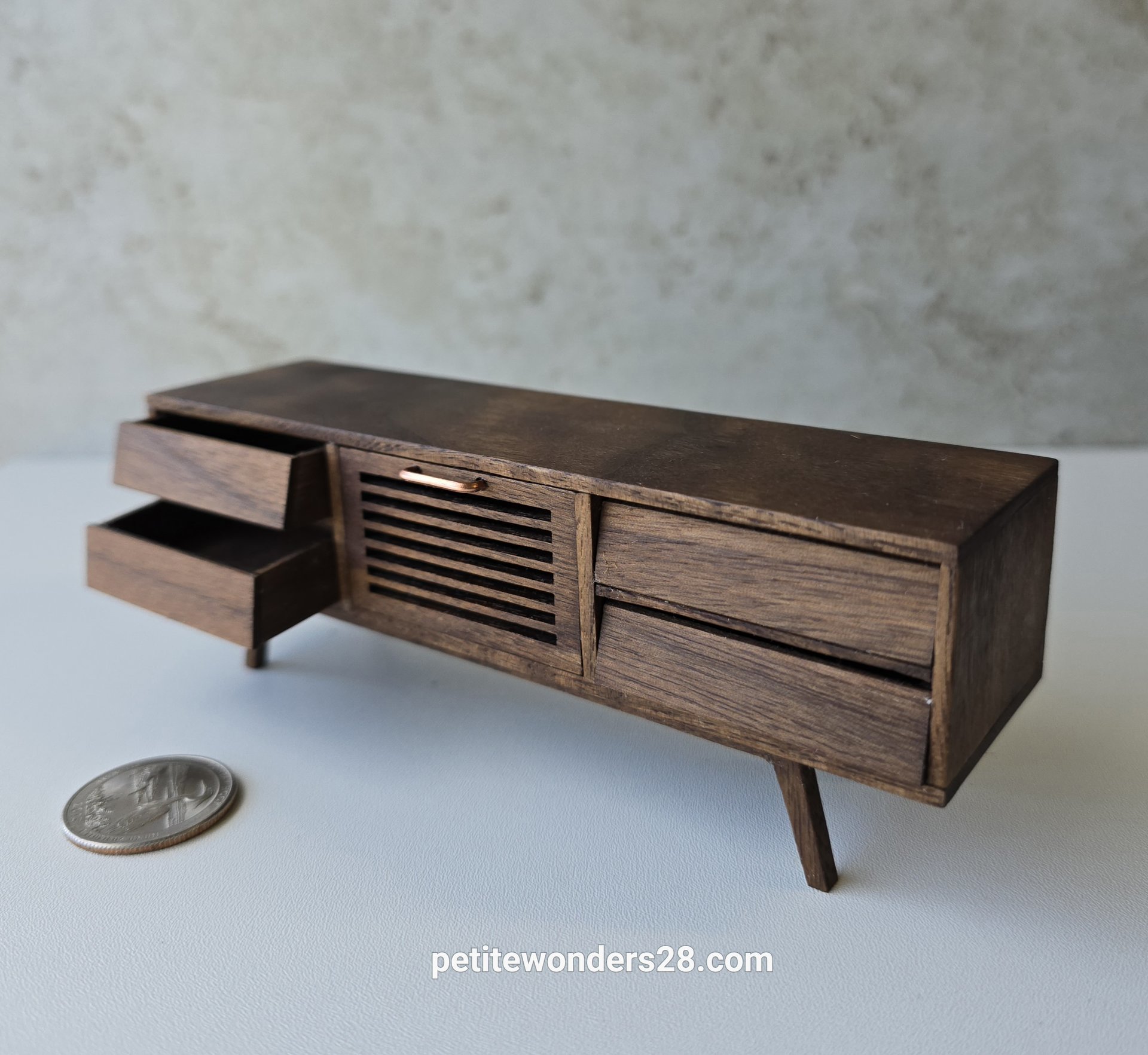 1:12 dollhouse TV canbinet in solid walnut Mid-century modern media console cabinet MCM media cabinet or lowboard cabinet
