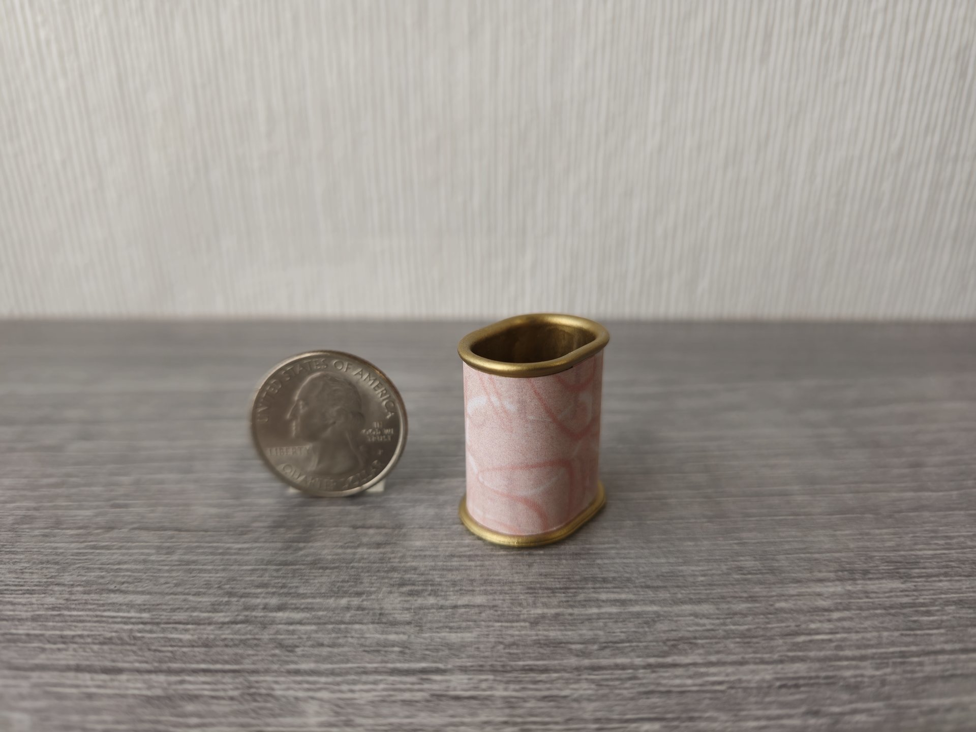 1:12 scale dollhouse MCM style oval wastebasket covered in vinyl sticker paper REF Pink