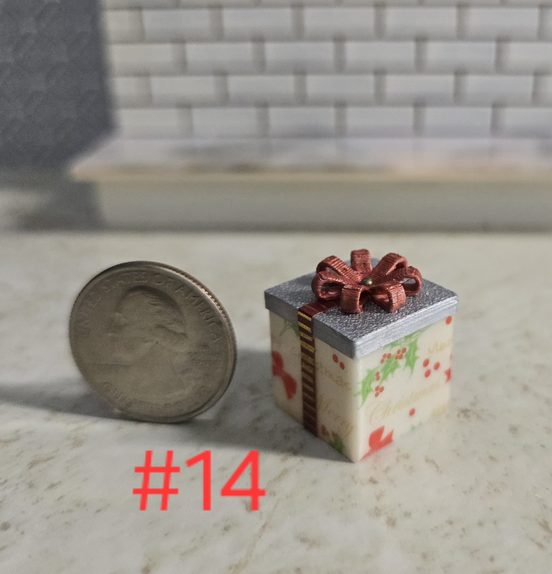 1-inch scale dollhouse miniature light up Christmas gift box Battery lighted gift box for mini holiday scene REF #14 Small square, silver lid + red bow 