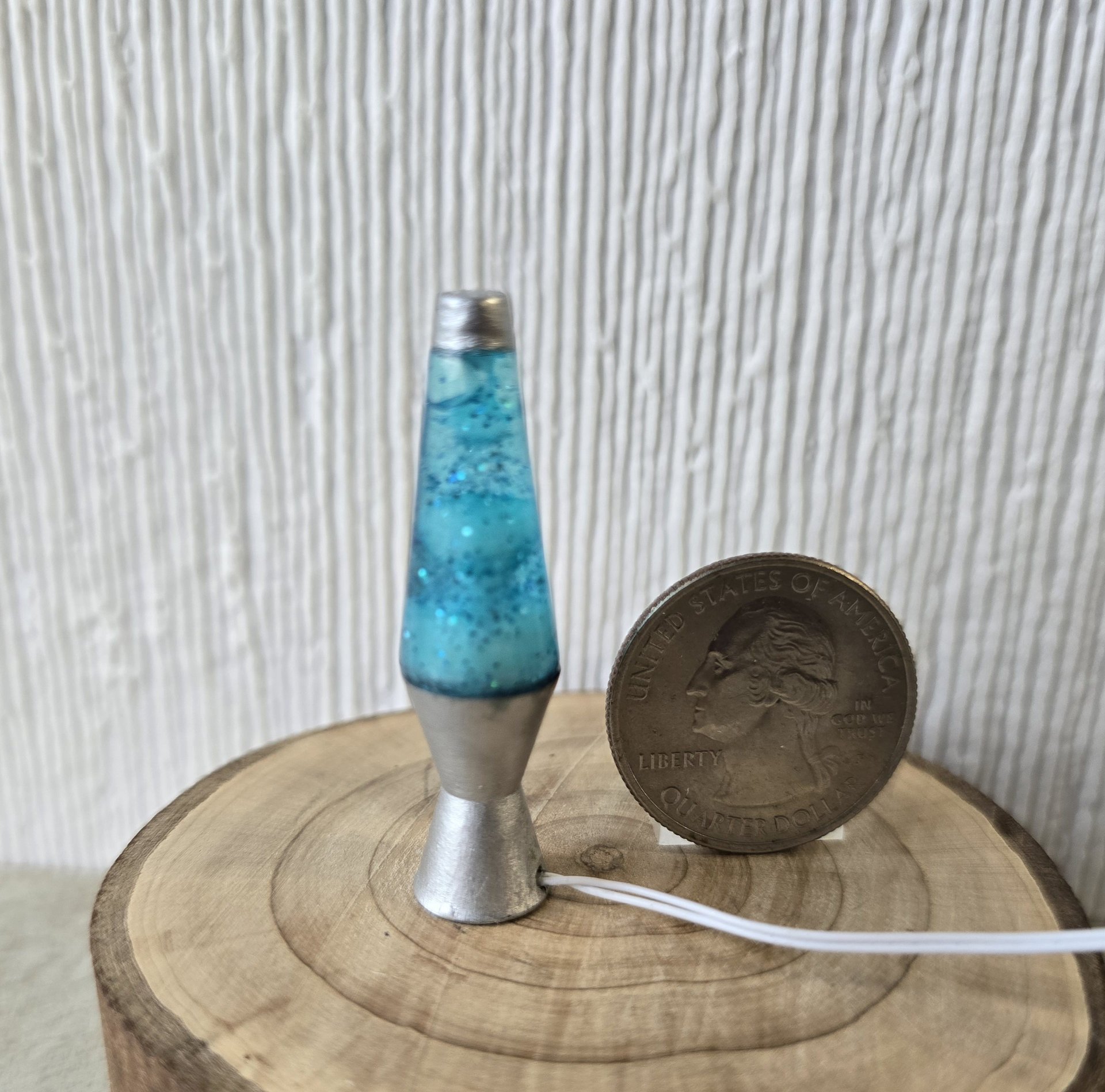 1:12 Dollhouse miniature retro lava lamp Battery operated LED table lamp MCM style with external wires REF Chrome finish base aqua resin