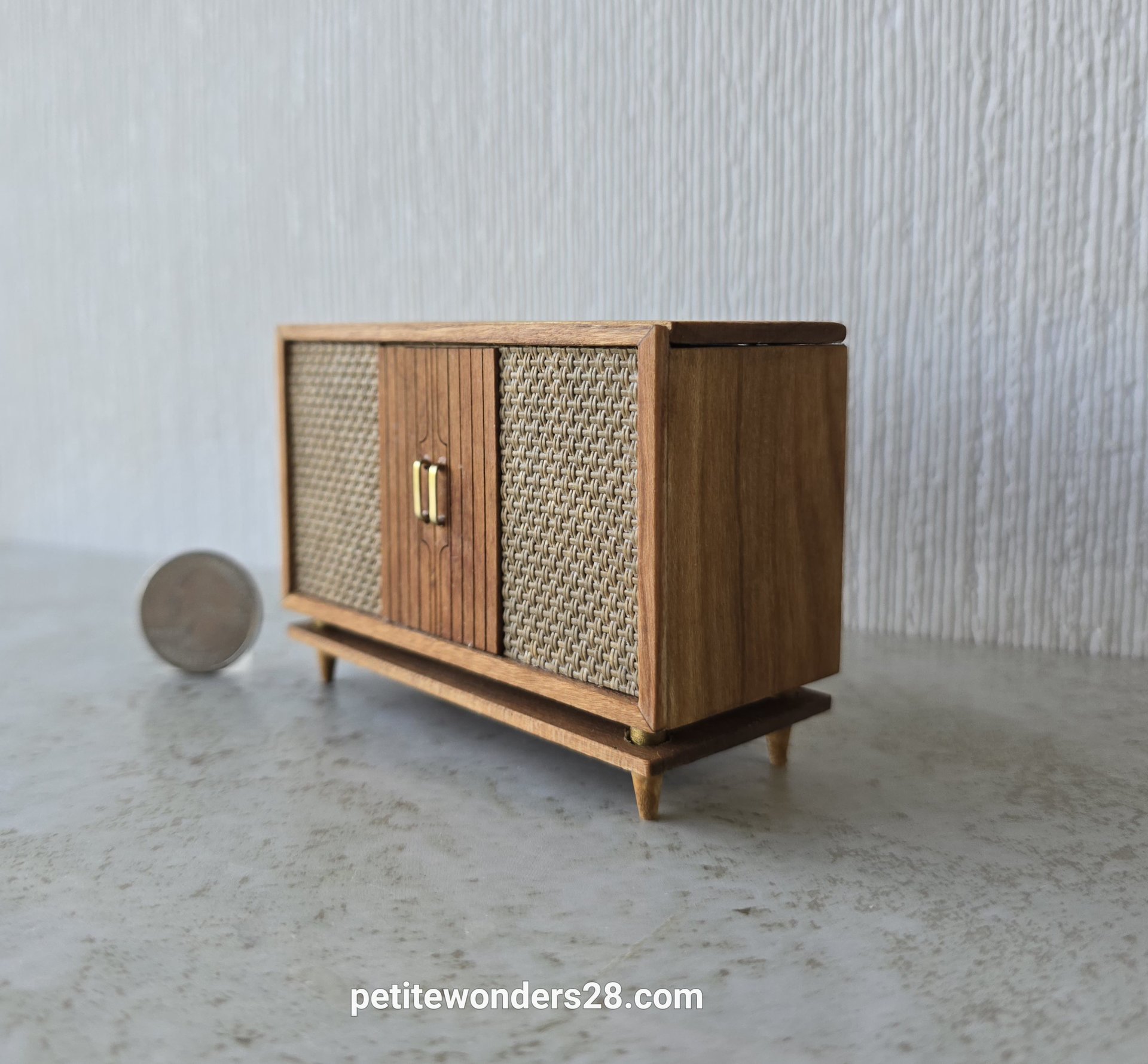 RESERVED for Deanna 1:12 Dollhouse furniture mid-century styled stereo console in solid cherry with hinged top 