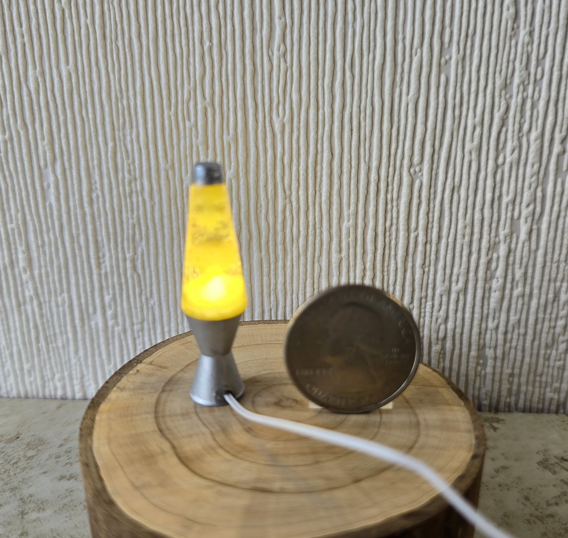 1:12 Dollhouse miniature retro lava lamp Battery operated LED table lamp MCM style with external wires REF Chrome finish base red + green glitter