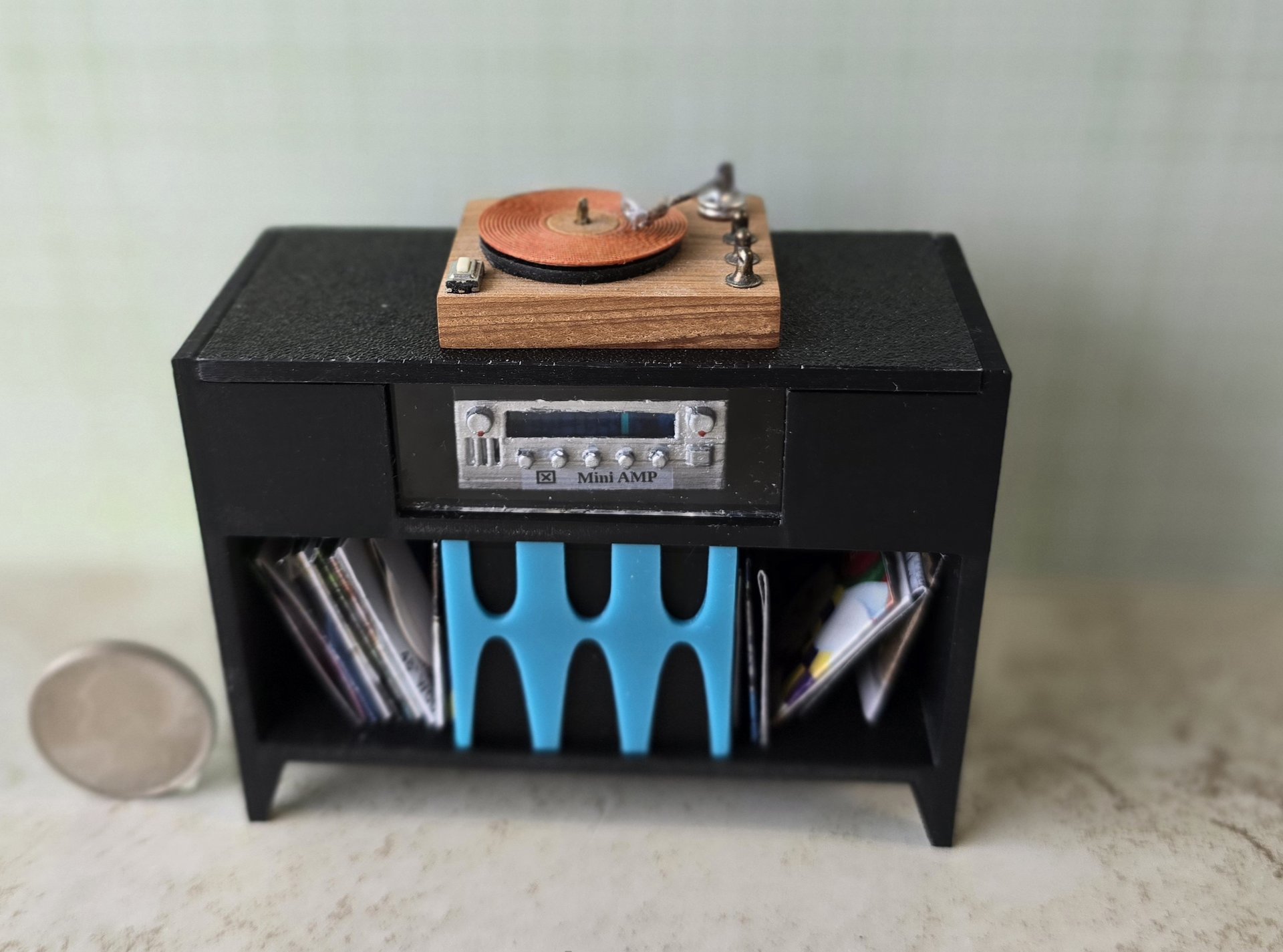 1:12 scale dollhouse mid-century modern record player stand and storage cabinet MCM record console