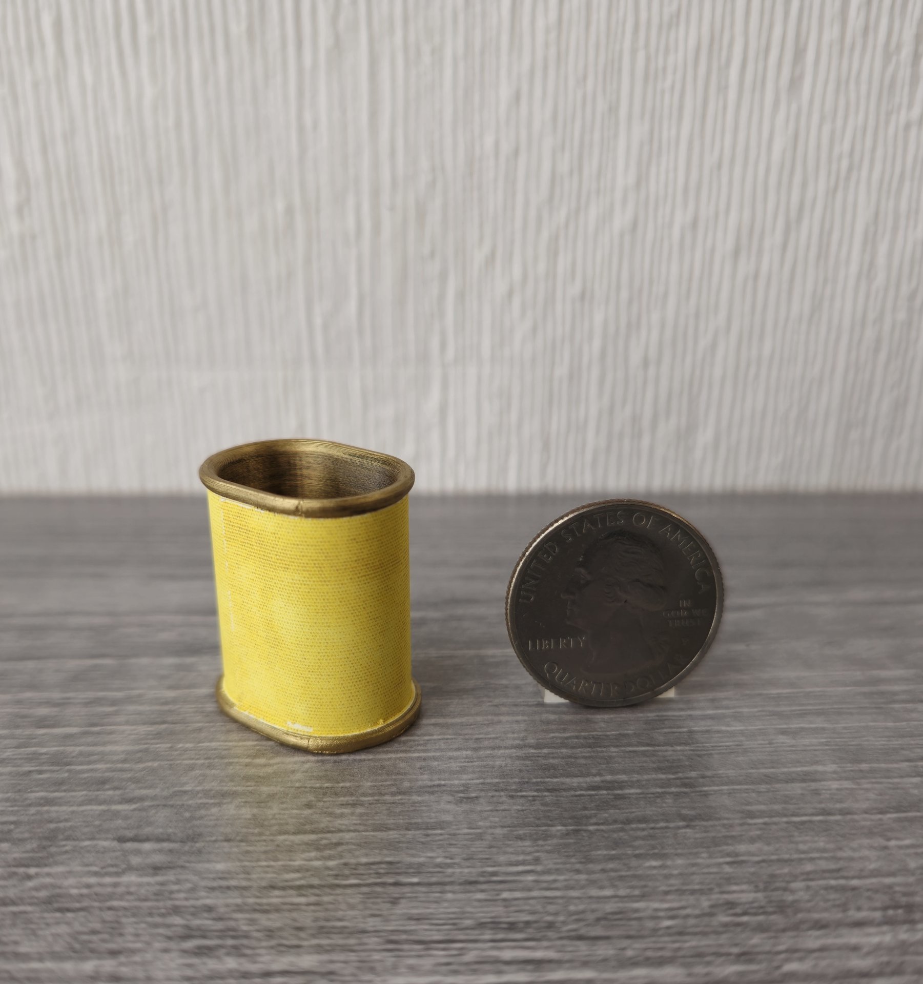 1:12 scale dollhouse MCM style oval wastebasket covered in vinyl sticker paper REF Yellow