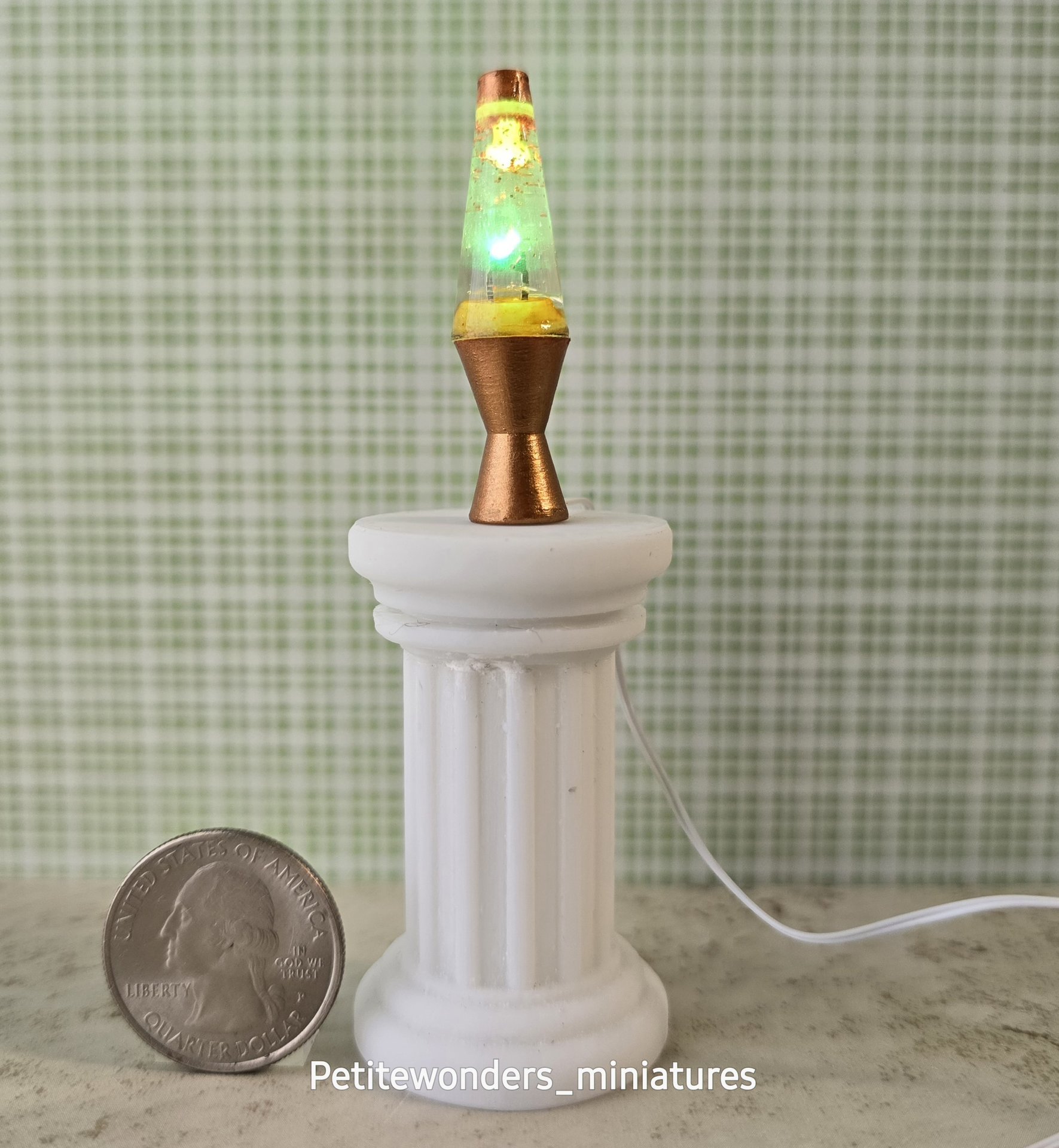 1:12 Dollhouse miniature retro lava lamp Battery operated LED table lamp MCM style with external wires REF Color changing LED copper finish base