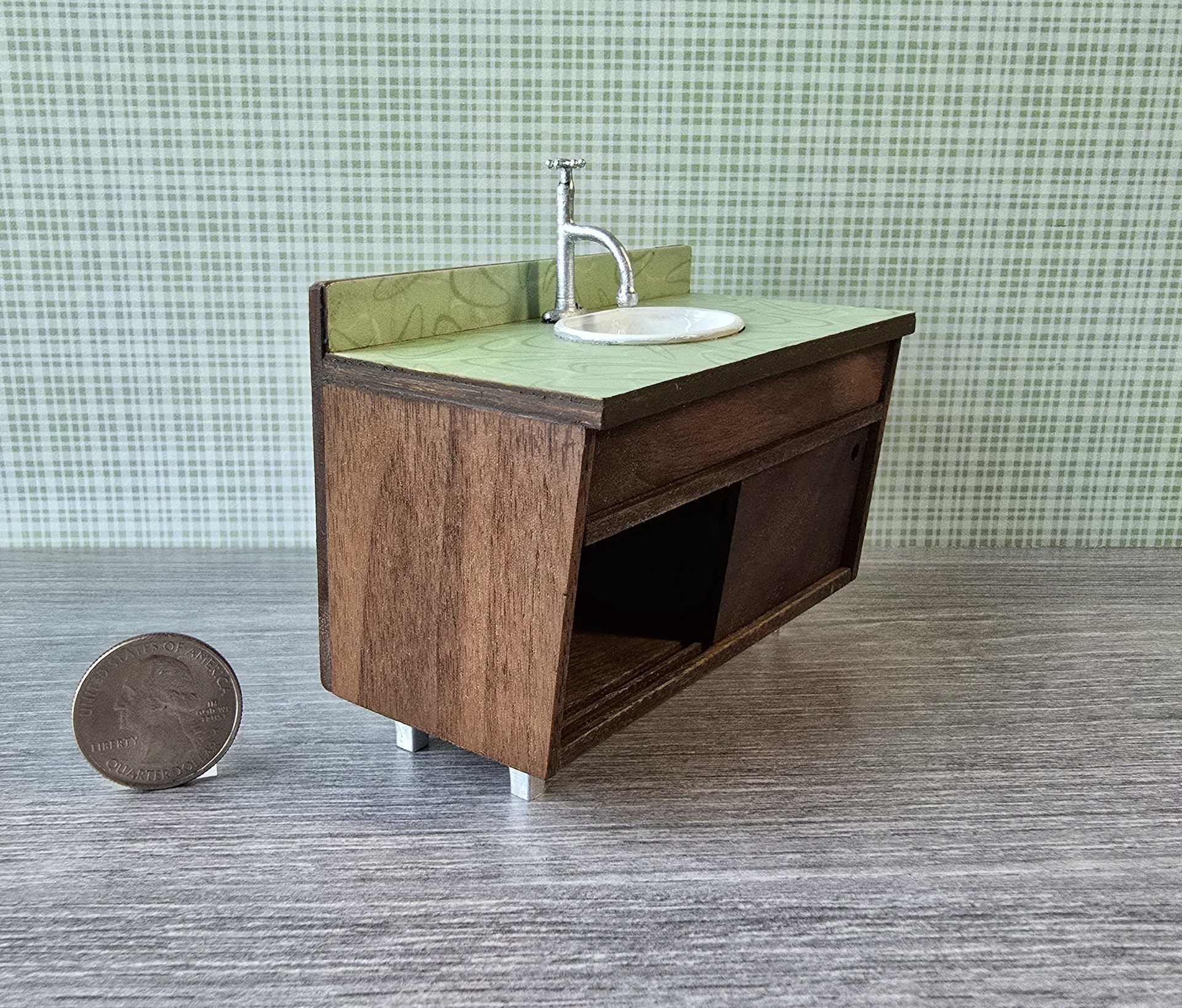 1:12 Dollhouse mid-century style bath single sink vanity cabinet Angled cabinet undermount sink with backsplash and sliding doors REF Walnut + green