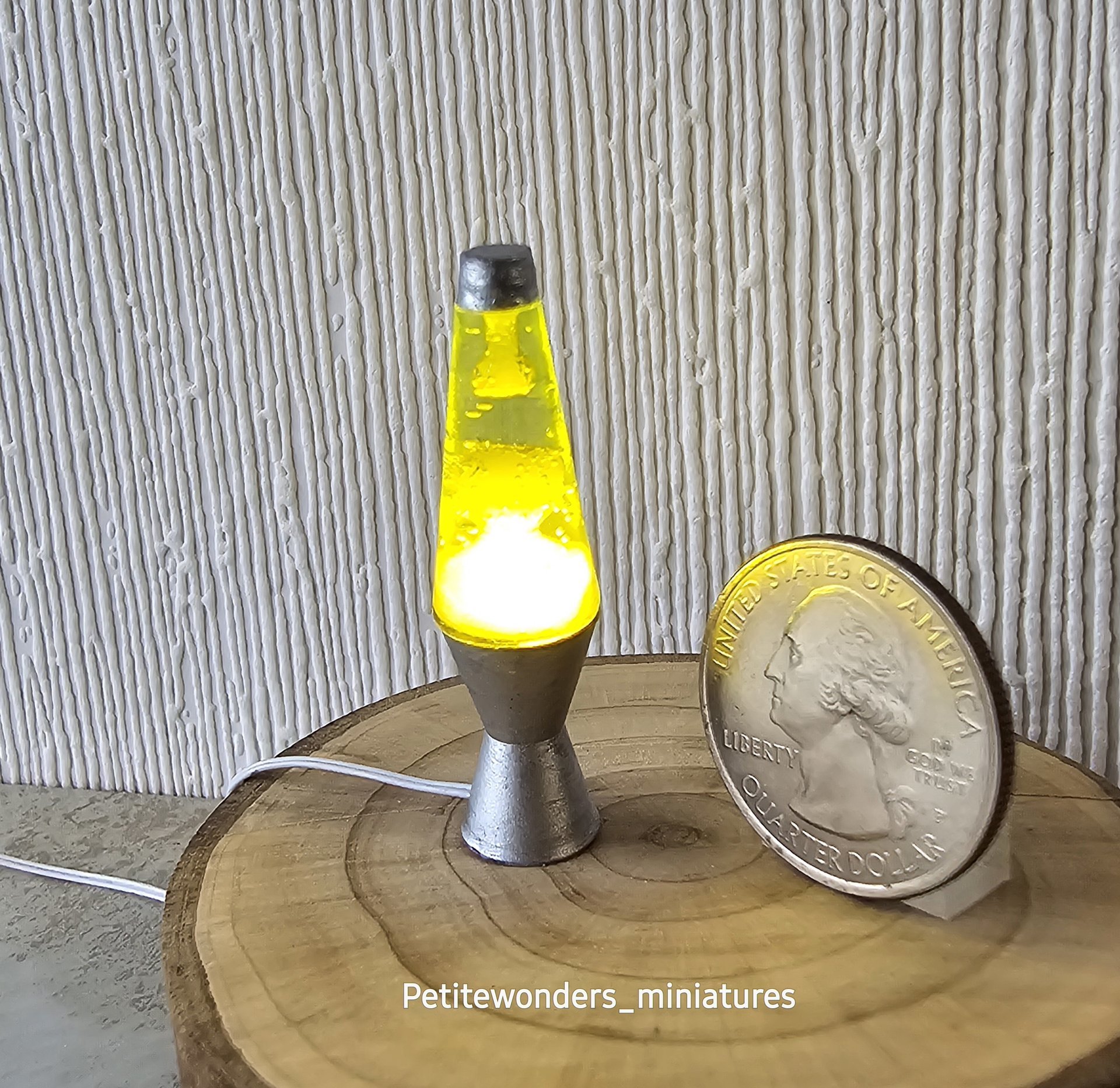 1:12 Dollhouse miniature retro lava lamp Battery operated LED table lamp MCM style with external wires REF Chrome finish base light yellow resin